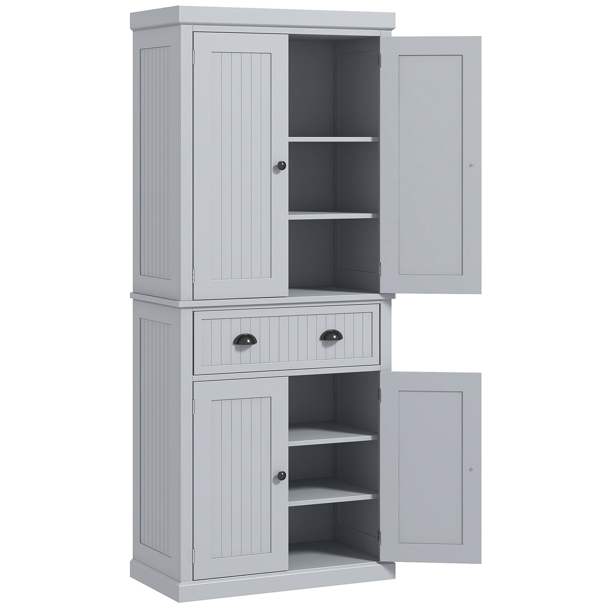 183cm Tall Kitchen Cupboard, Kitchen Pantry Cabinet with Drawer, 3 Adjustable Shelves and 4 Doors, Freestanding Storage Cabinet for Dining Room, Living Room, Grey
