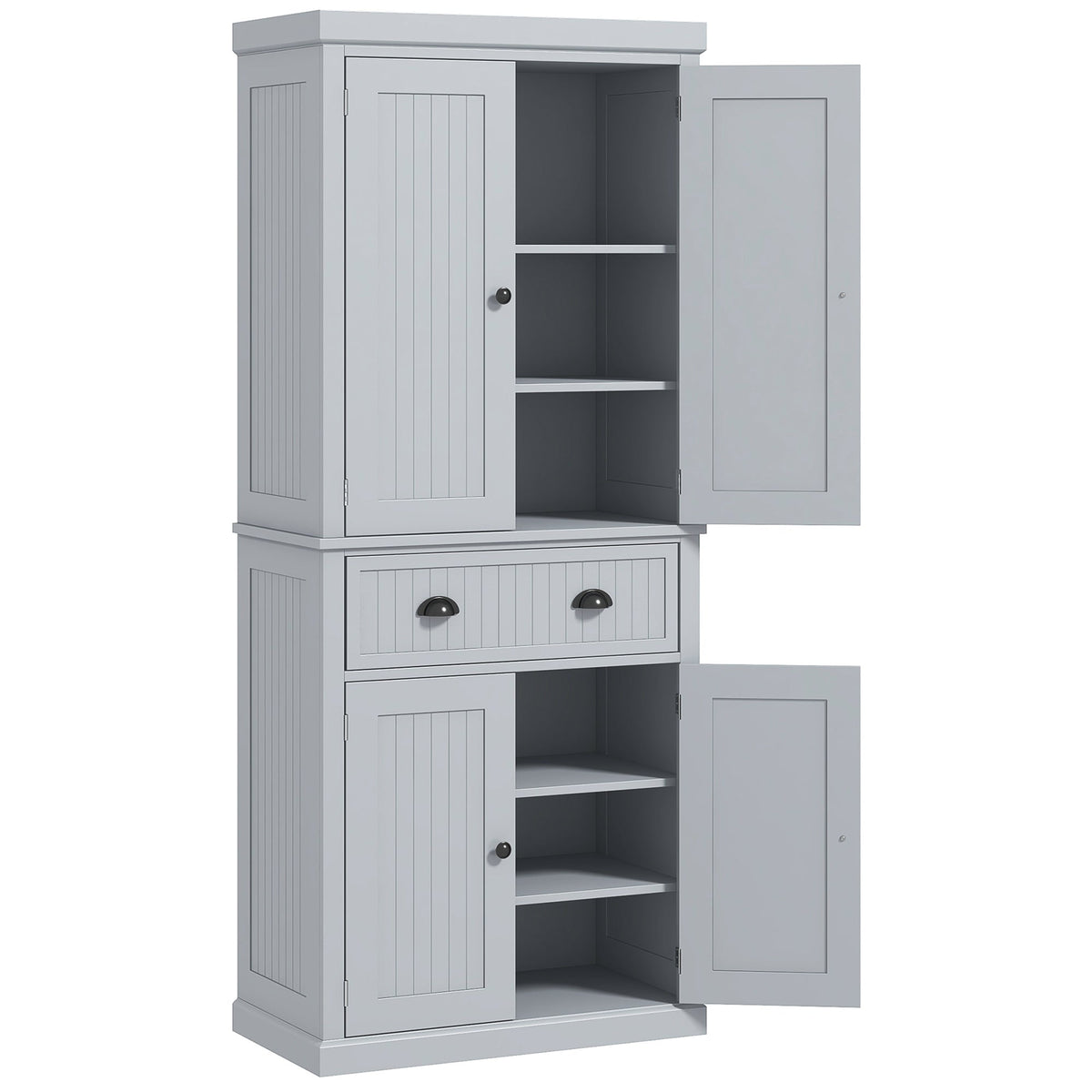 183cm Tall Kitchen Cupboard, Kitchen Pantry Cabinet with Drawer, 3 Adjustable Shelves and 4 Doors, Freestanding Storage Cabinet for Dining Room, Living Room, Grey