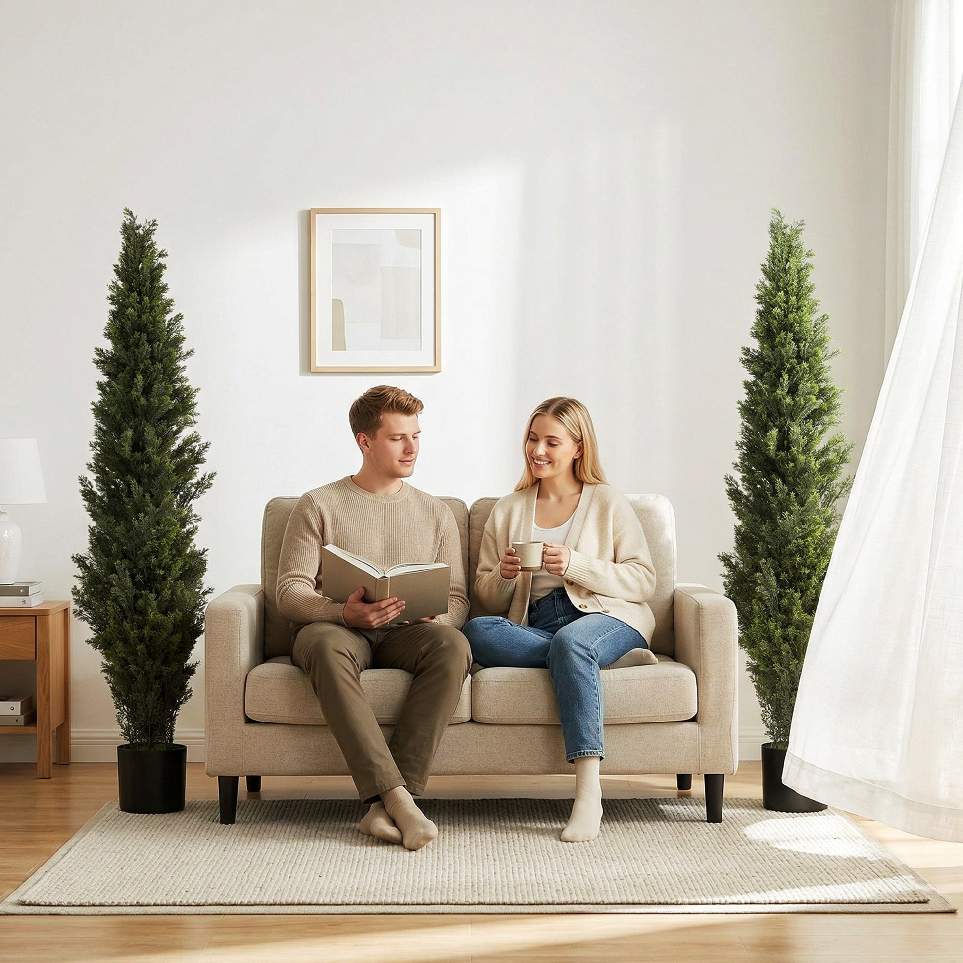Set of 2 Decorative Artificial Plants Cypress in Weighted Pot, 150 cm Tall Fake Plant with 2035 Leaves for Home Indoor Outdoor Decor