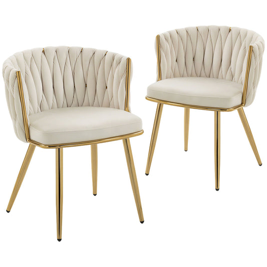Velvet-Feel Dining Chairs Set of 2, Modern Upholstered Kitchen Chairs with Woven Backrest and Armrests, Metal Legs and Padded Seat for Dining Room, Bedroom, Living Room, Cream