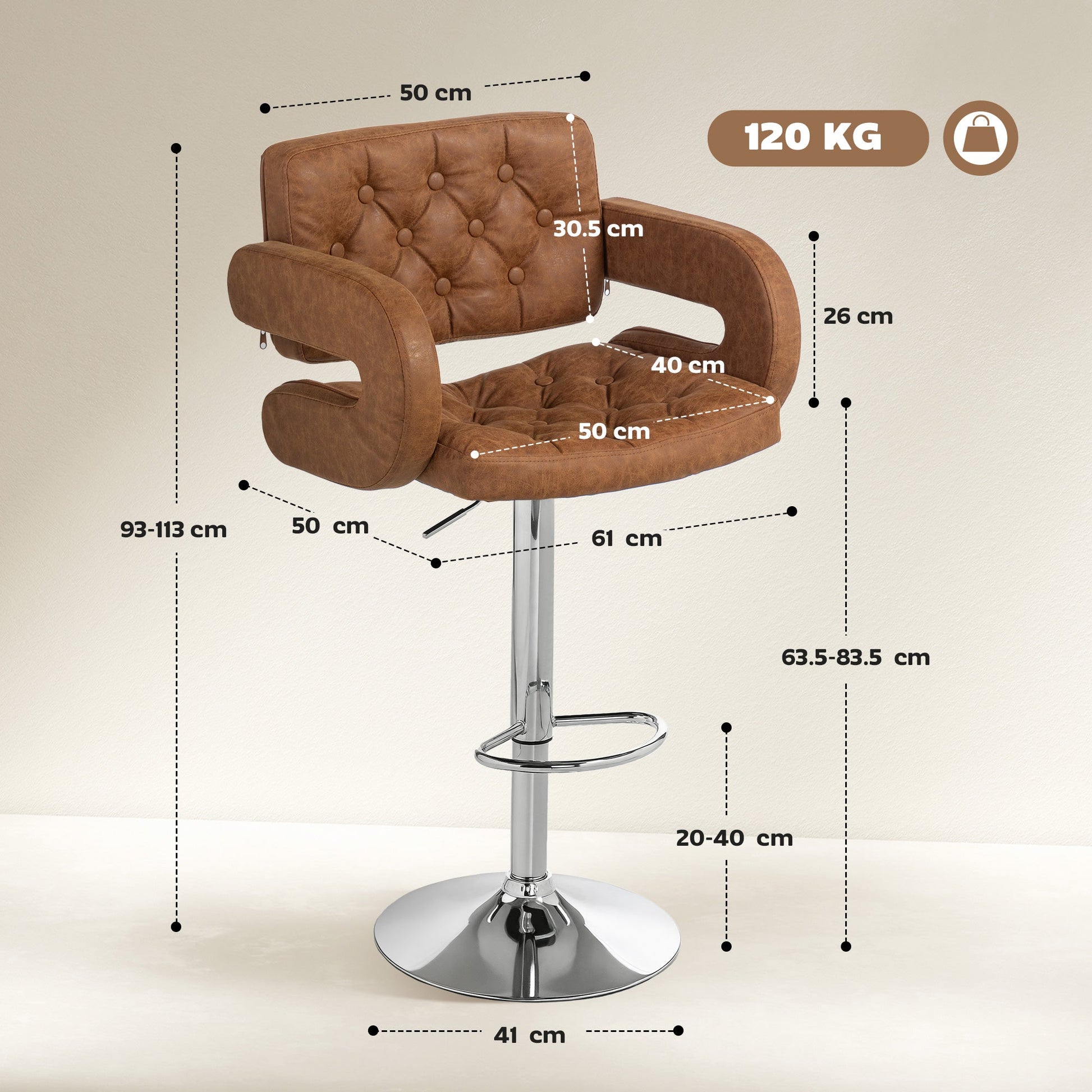 Swivel Bar Stool with Extra Large Seat, PU Leather Upholstered Adjustable Barstool with Back, Arm and Footrest, Breakfast Bar Chair for Bistro, Kitchen, Brown