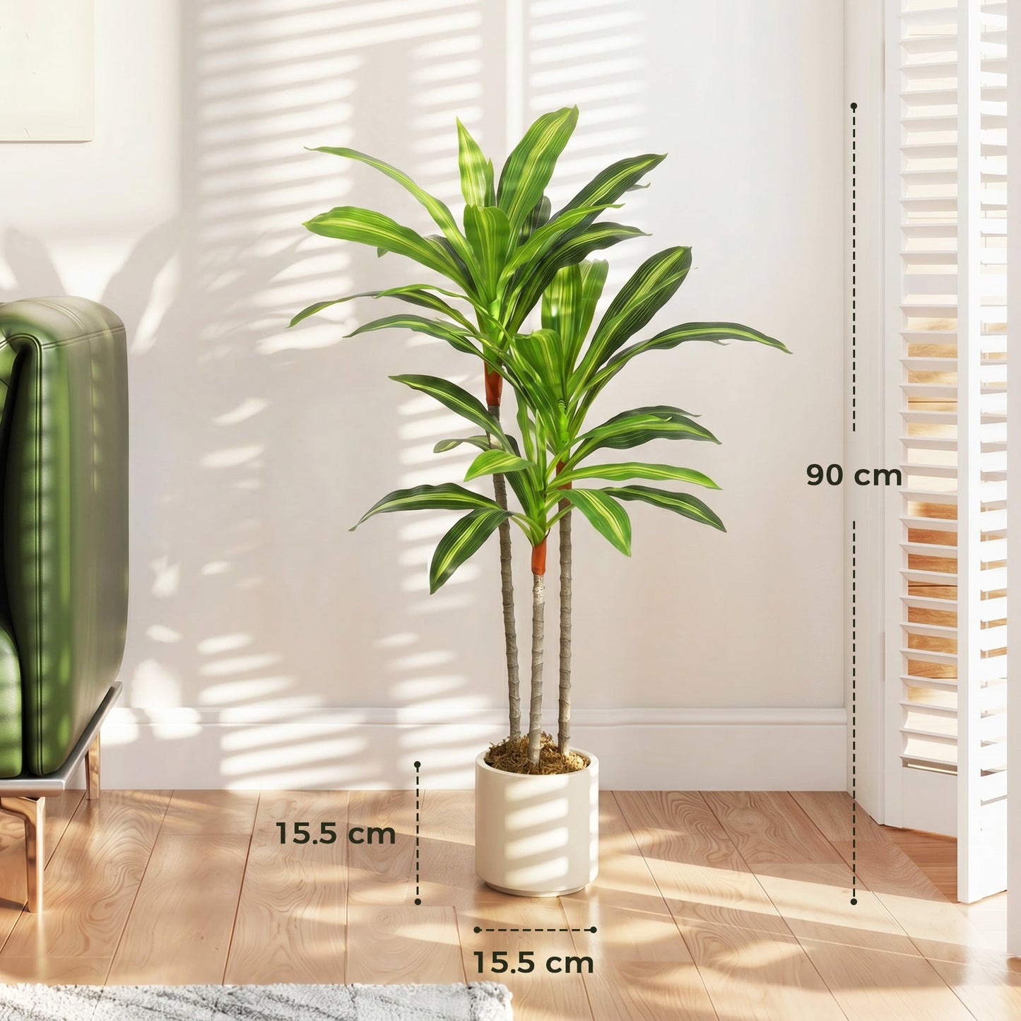 Set of 2 90cm Artificial Dracaena Trees, Decorative Artificial Plants with Bendable Trunks and White Planters for Living Room Bedroom Home Office Decor, Green