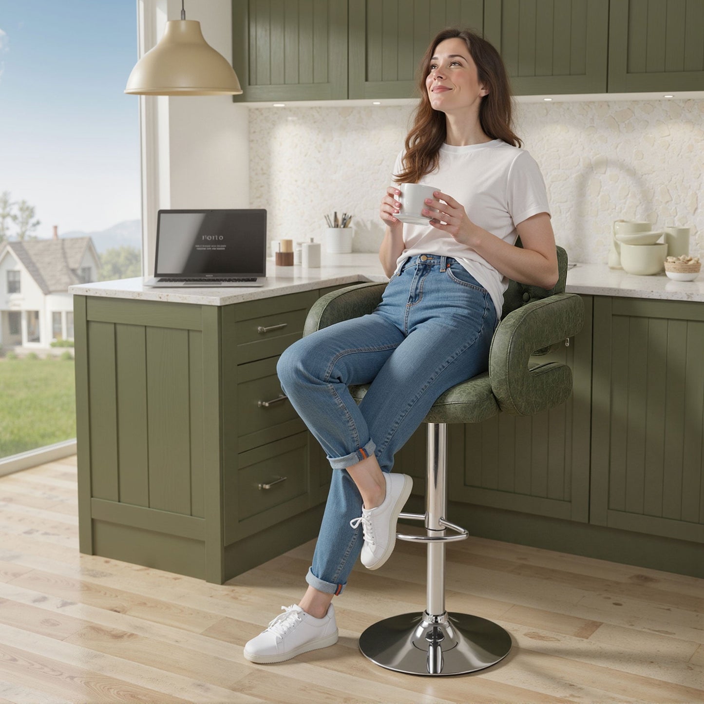 Swivel Bar Stool with Extra Large Seat, PU Leather Upholstered Adjustable Barstool with Back, Arm and Footrest, Breakfast Bar Chair for Bistro, Kitchen, Green