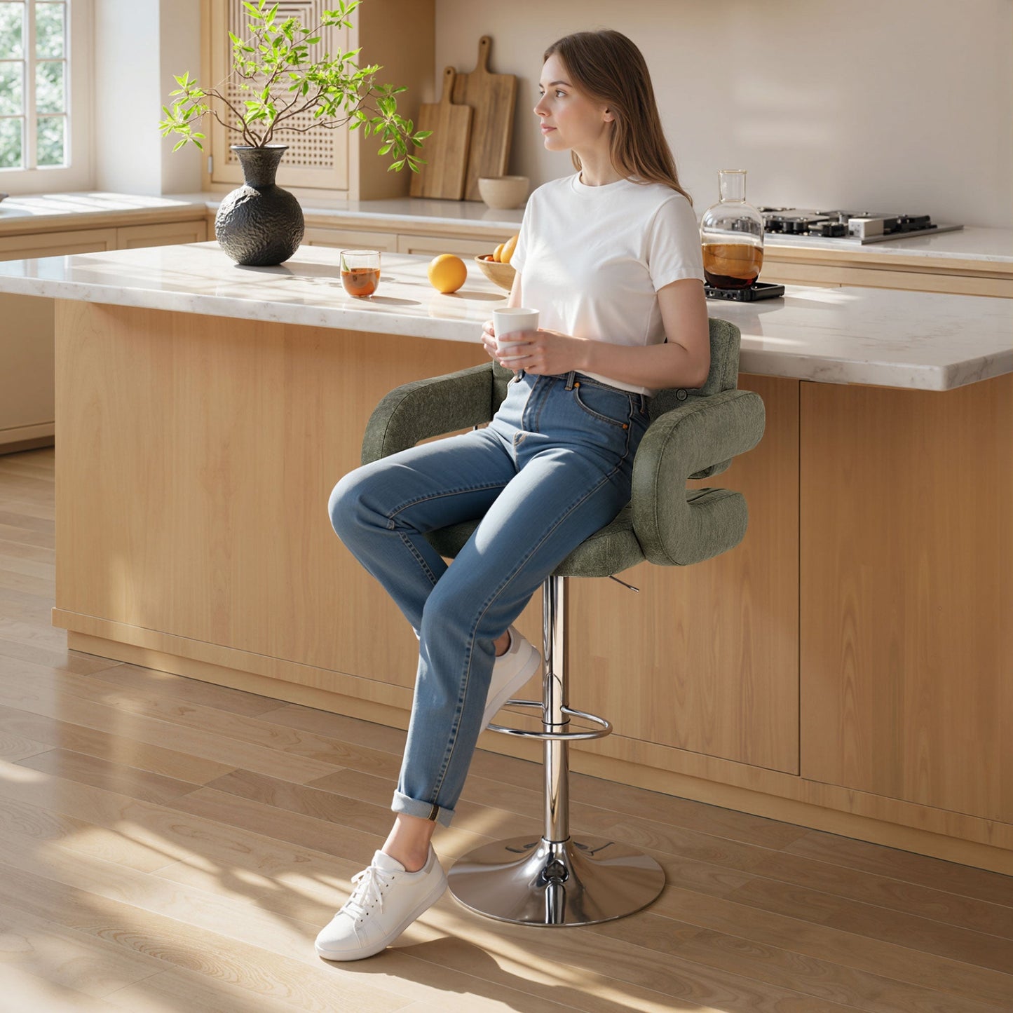 Swivel Bar Stool with Extra Large Seat, PU Leather Upholstered Adjustable Barstool with Back, Arm and Footrest, Breakfast Bar Chair for Bistro, Kitchen, Green