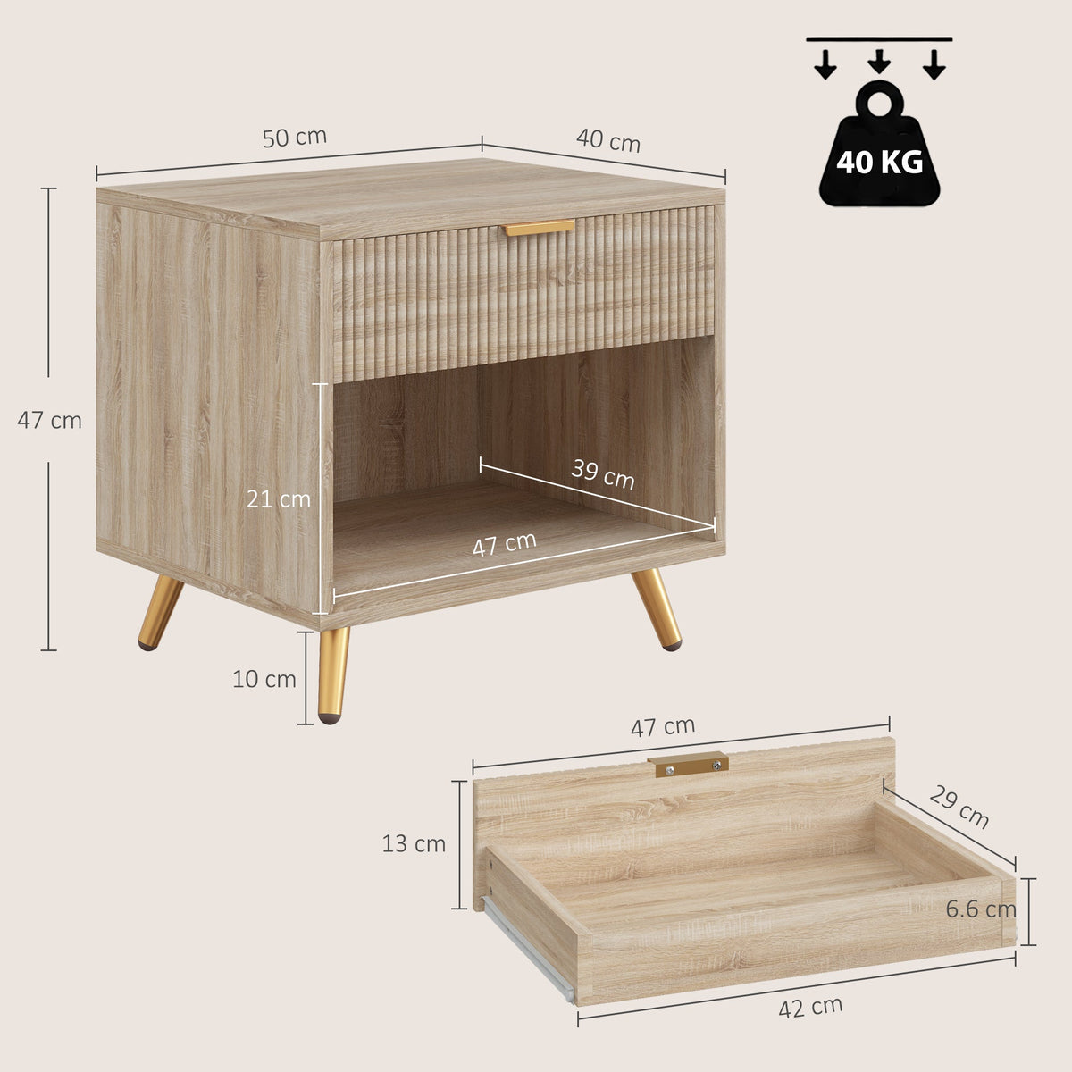 Bedside Table, Bedside Cabinet With Drawer and Open Compartment, Nightstand With Handle for Bedroom, Living Room, Natural Wood Finish