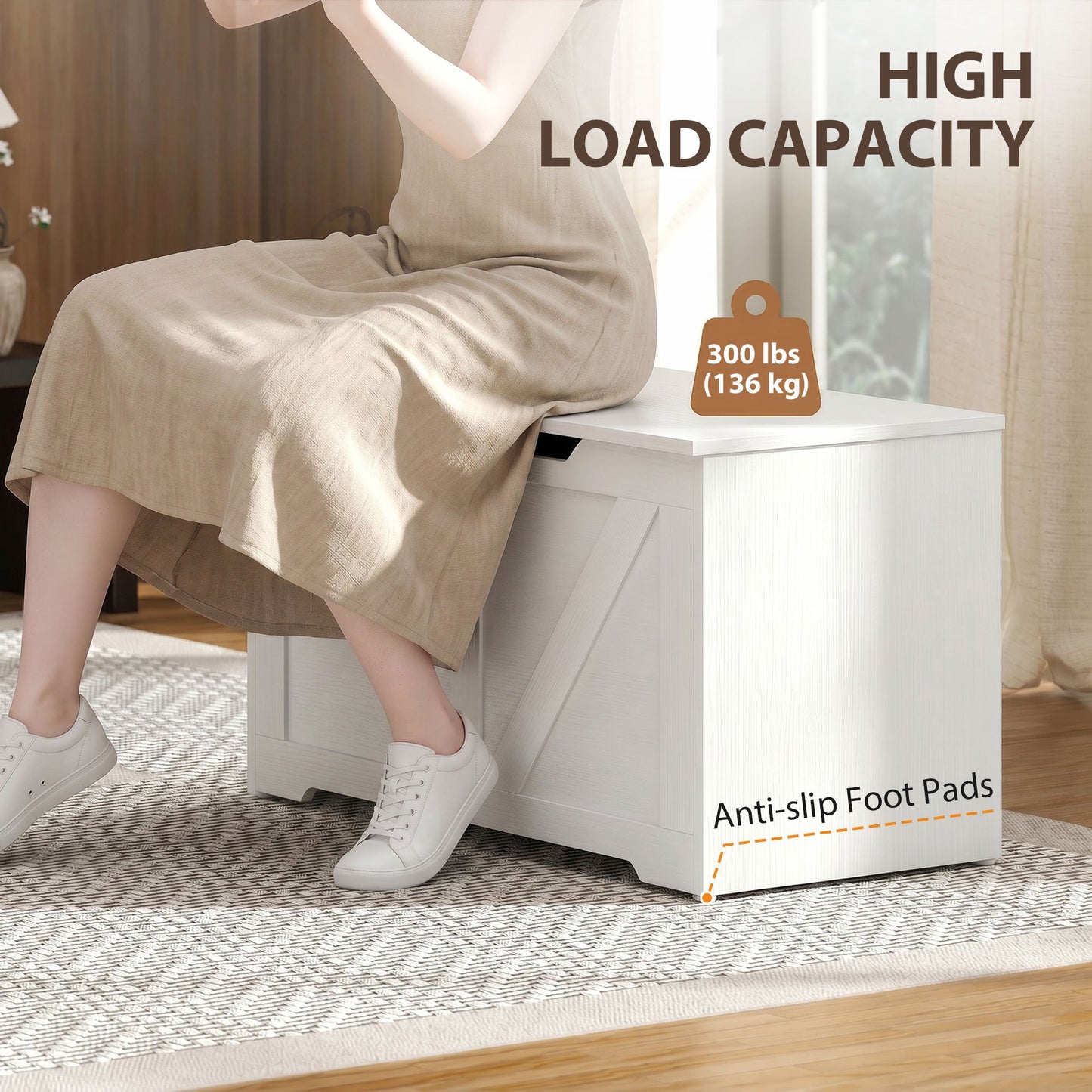100L Storage Chest, Shoe Storage Trunk Bench Box with Safety Hinge and U-shaped Cut-out Pull, Blanket Box Ottoman for Bedroom, Living Room, Entryway, 80 x 40 x 45 cm, White Wood-Effect