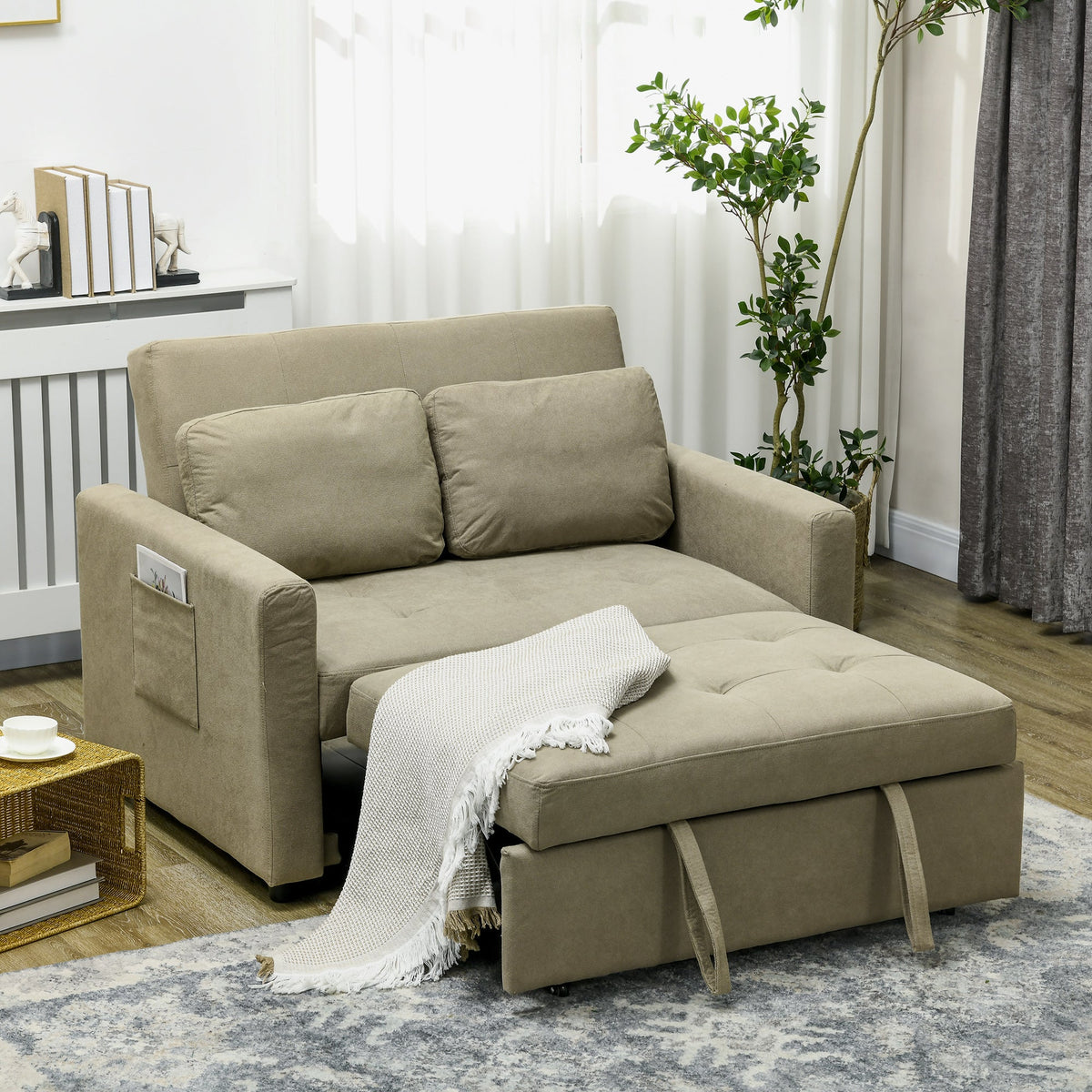 HOMCOM 2 Seater Sofa Bed, Convertible Bed Settee, Modern Fabric Loveseat Sofa Couch with 2 Cushions, Side Pockets for Living Room, Guest Room, Light Brown