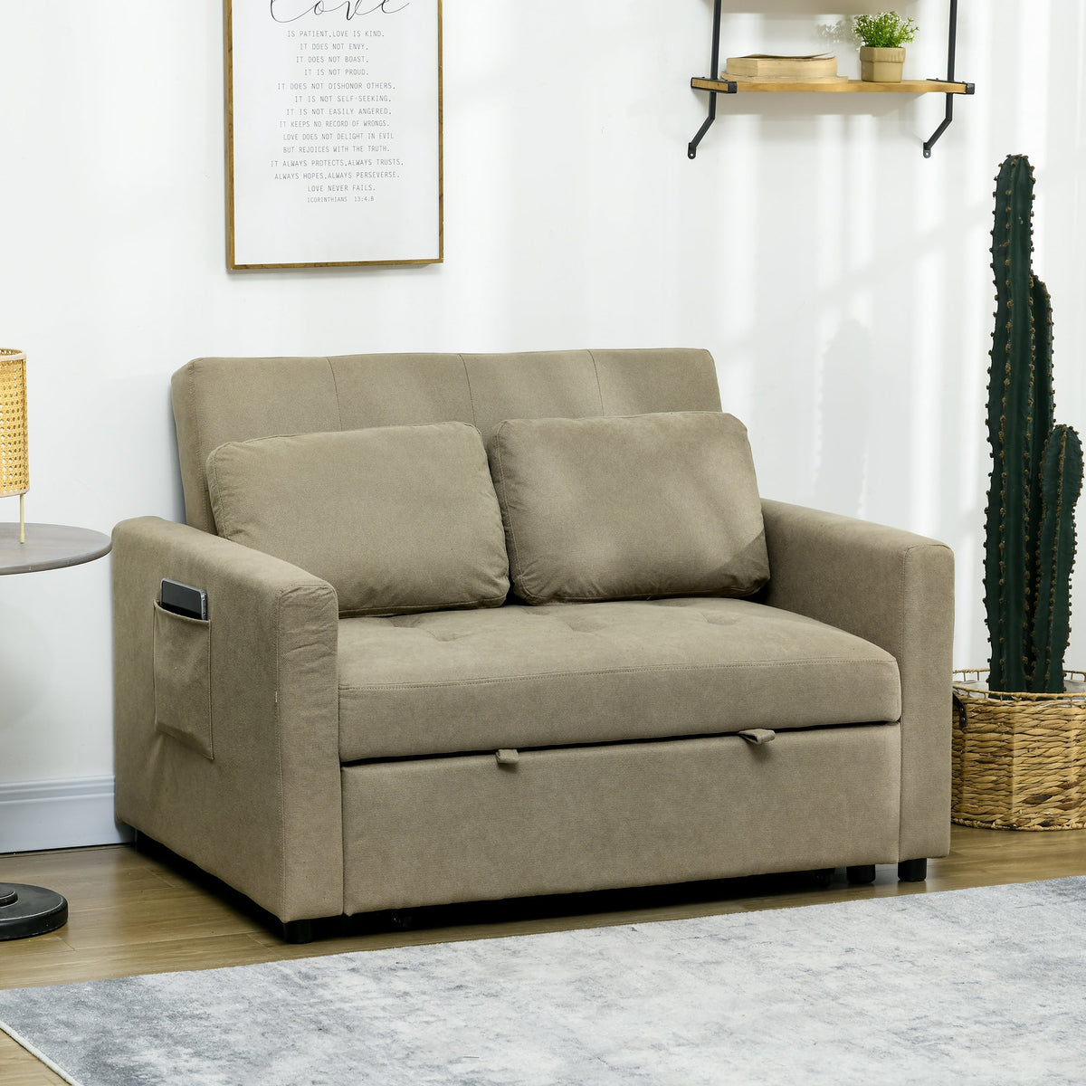 HOMCOM 2 Seater Sofa Bed, Convertible Bed Settee, Modern Fabric Loveseat Sofa Couch with 2 Cushions, Side Pockets for Living Room, Guest Room, Light Brown