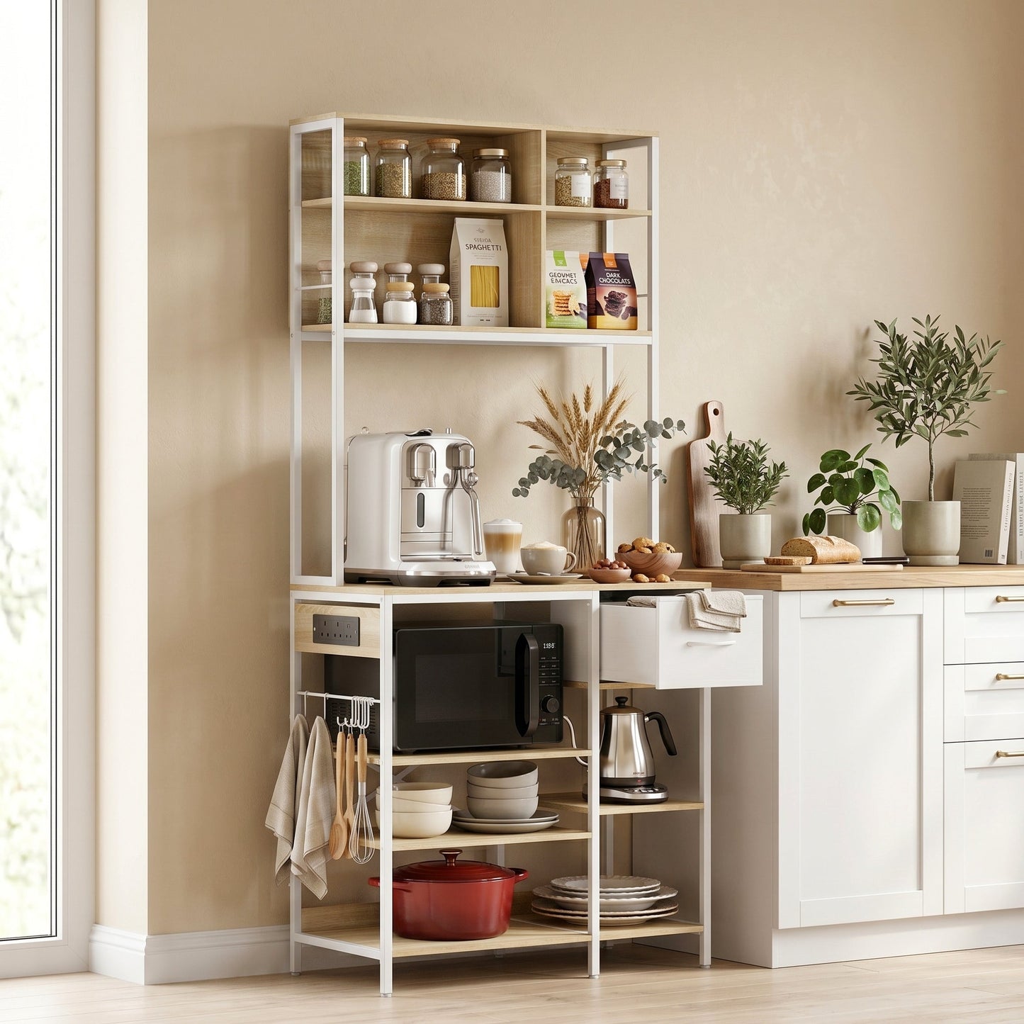Kitchen Baker's Rack, Microwave Stand with Storage Shelves and 6 Hooks for Small Spaces, Kitchen Storage Unit for Spices, Pots and Pans, 80 x 40 x 181 cm, Oak