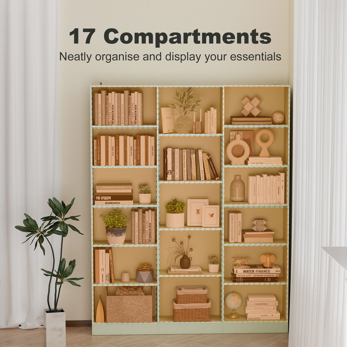 Bookcase with 17 Compartments, 6-Tier Tall Bookshelf with 17 Cubes, Adjustable Shelves, Freestanding Shelving Unit Display Shelf for Home Office, Living Room, 149 x 23.6 x 188 cm, Light Green