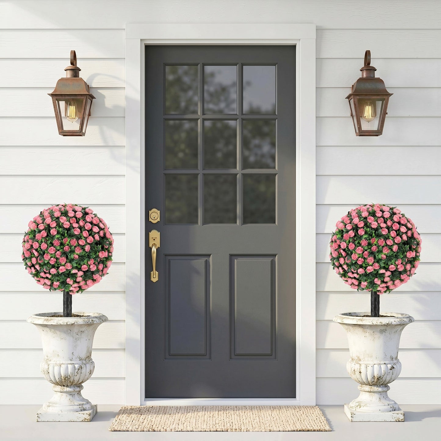 Set of 2 55 cm Artificial Rose Topiary with Ground Stake, UV-Resistant Fake Plants with 306 Roses and Leaves for Indoor Outdoor Home Office Garden Decor, Pink