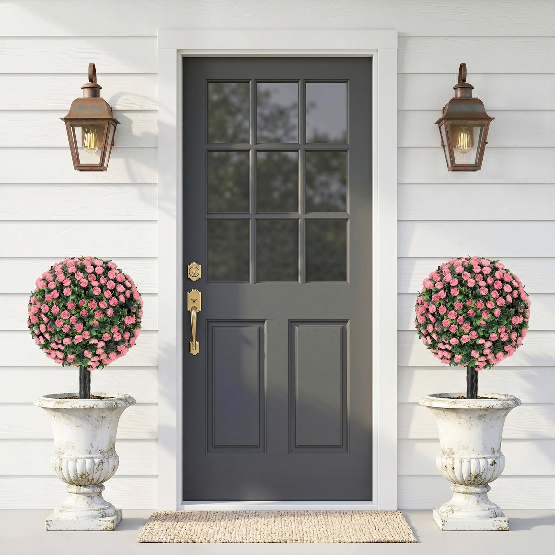 Set of 2 55 cm Artificial Rose Topiary with Ground Stake, UV-Resistant Fake Plants with 306 Roses and Leaves for Indoor Outdoor Home Office Garden Decor, Pink