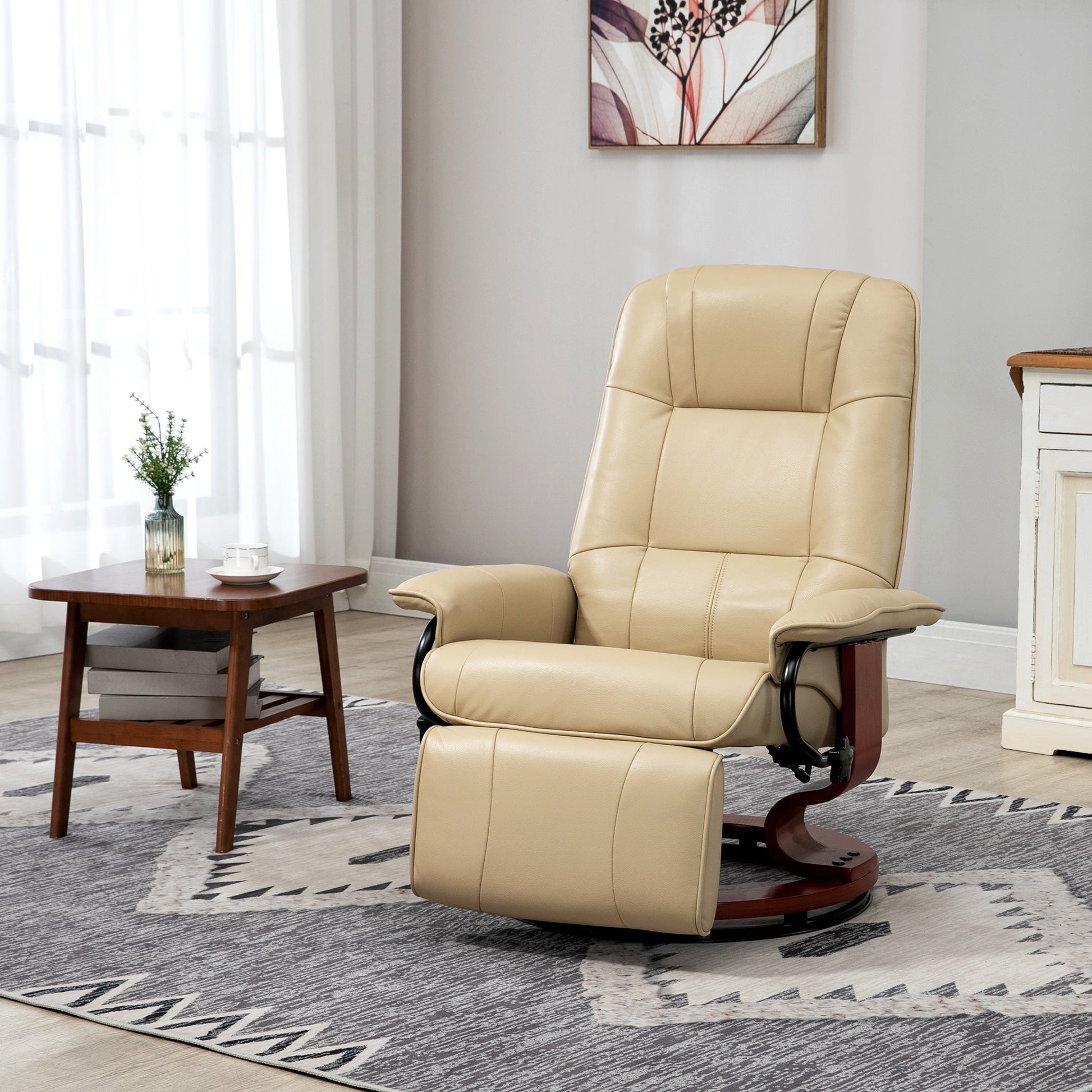 HOMCOM Manual Recliner Chair Armchair Sofa with Faux Leather Upholstered Wooden Base for Living Room Bedroom, Cream White