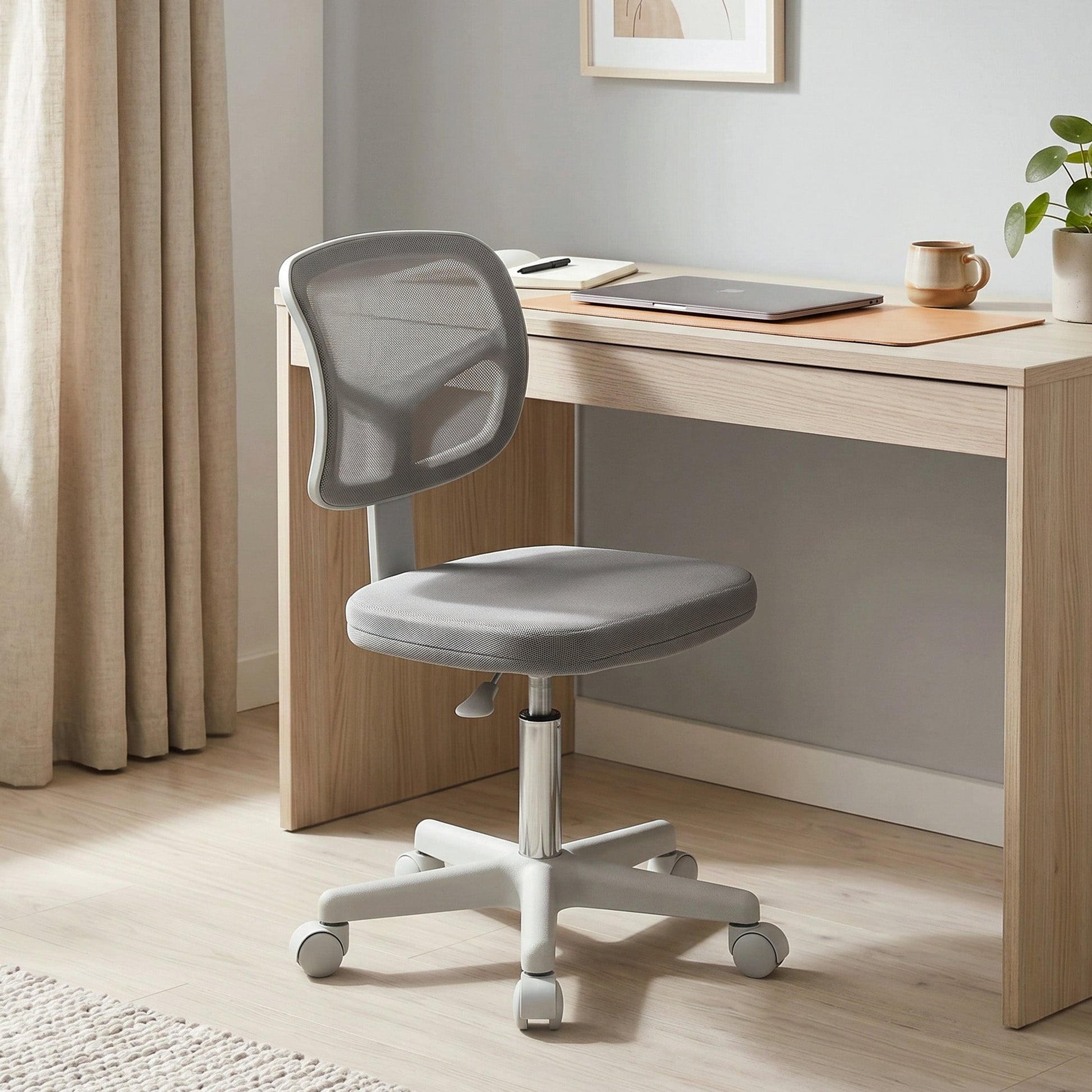 Small Office Chair without Arms, Ergonomic Swivel Mesh Desk Chair with Curved Back and Wheels, Height Adjustable for Home Vanity Computer Dressing Table Study Bedroom, Dark Grey