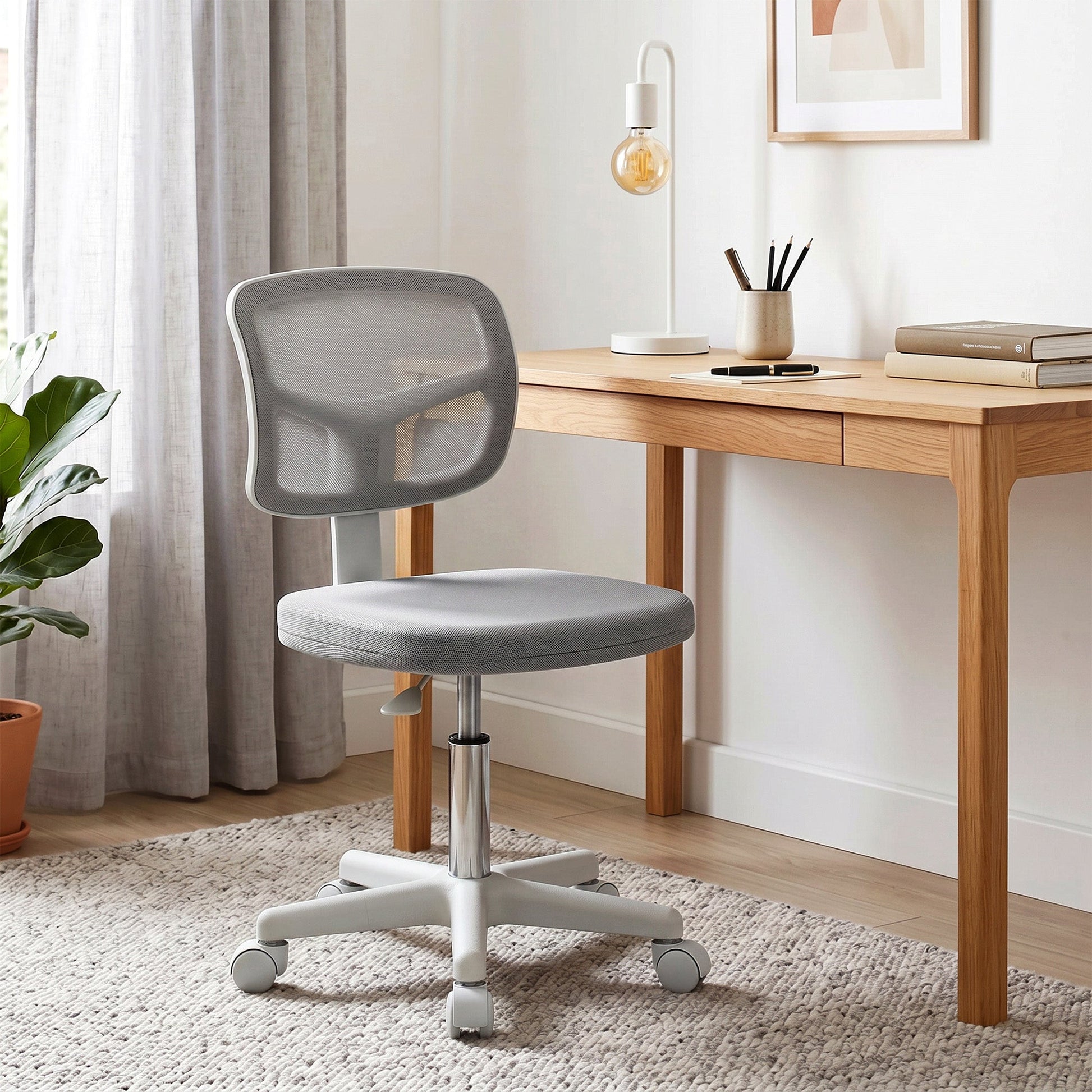 Small Office Chair without Arms, Ergonomic Swivel Mesh Desk Chair with Curved Back and Wheels, Height Adjustable for Home Vanity Computer Dressing Table Study Bedroom, Dark Grey