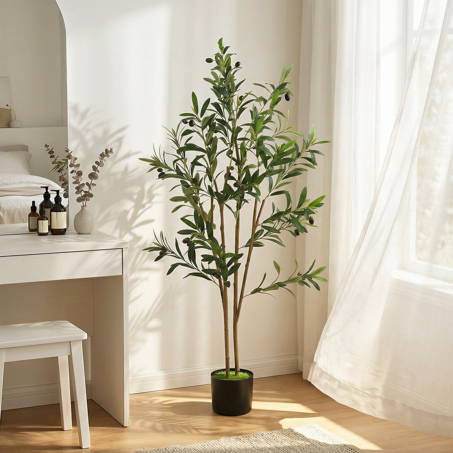 120 cm Decorative Artificial Plant, Silk Olive Tree with 303 Leaves in Cement Pot, Fake Plant for Home, Office, Living Room, Indoor Decor