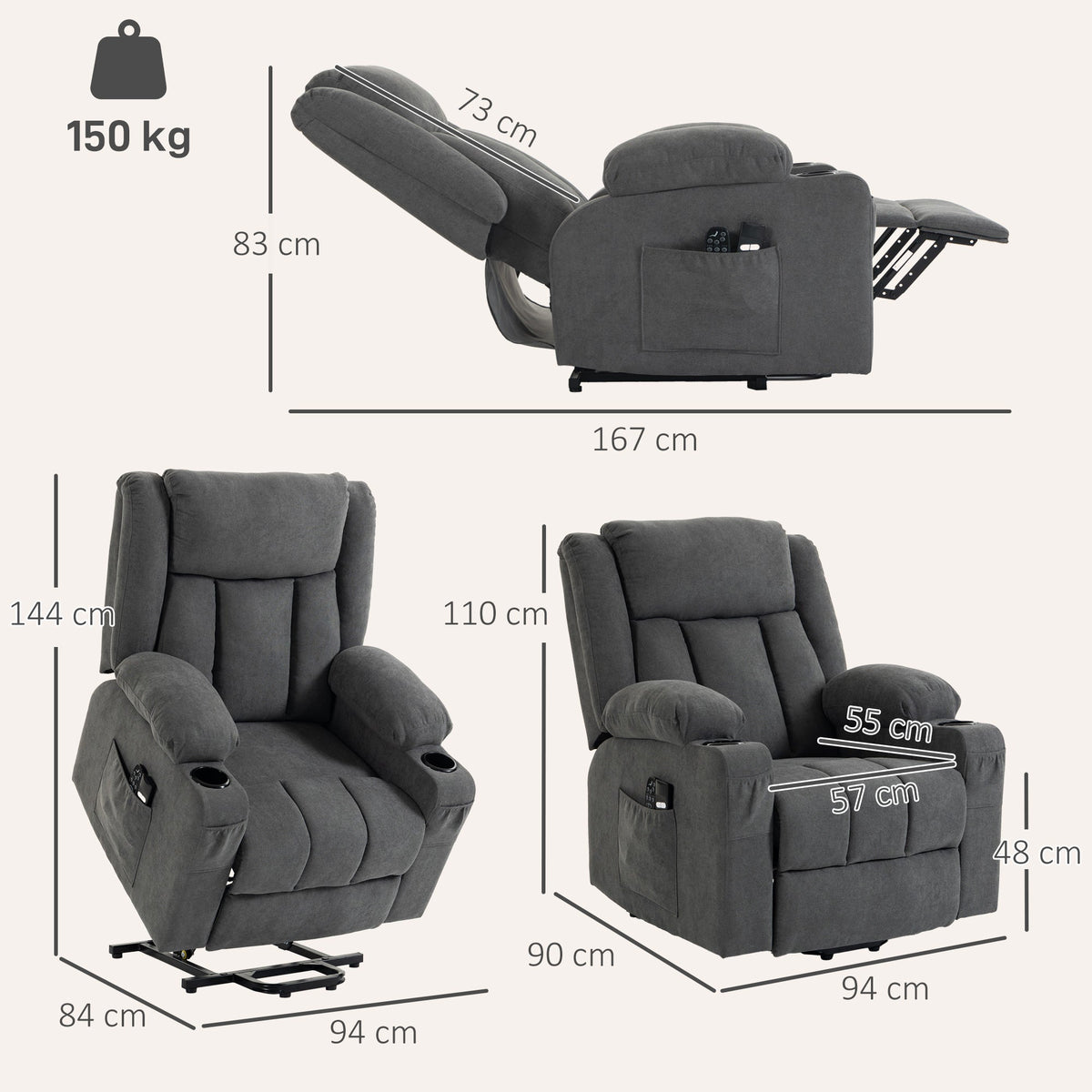 Dual Motor Recliner Chair Lift Chair for Elderly, 55° Electric Riser Recliner Armchair with Massage and Heat, Terry Cloth Power Reclining Lounge Sofa, 2 Cup Holders, Side Pockets, Dark Grey