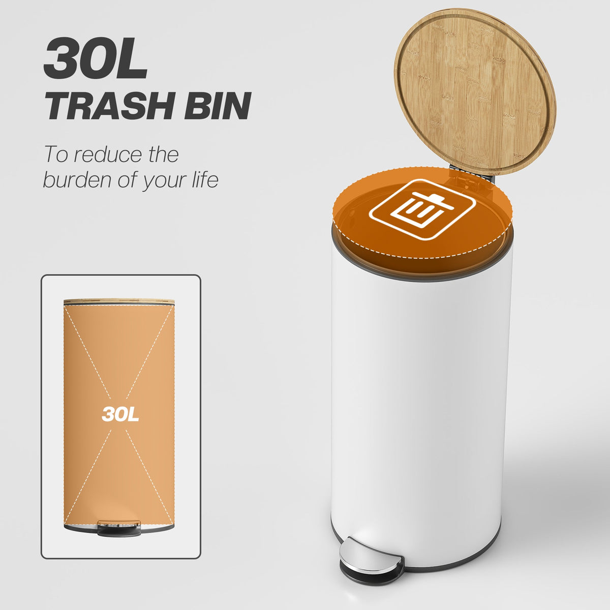 30 Litre Pedal Kitchen Bin with Soft Close and Stay Open Lid, Rubbish Bin with Removable Inner Bucket for Kitchen, Office, Home, White and Natural