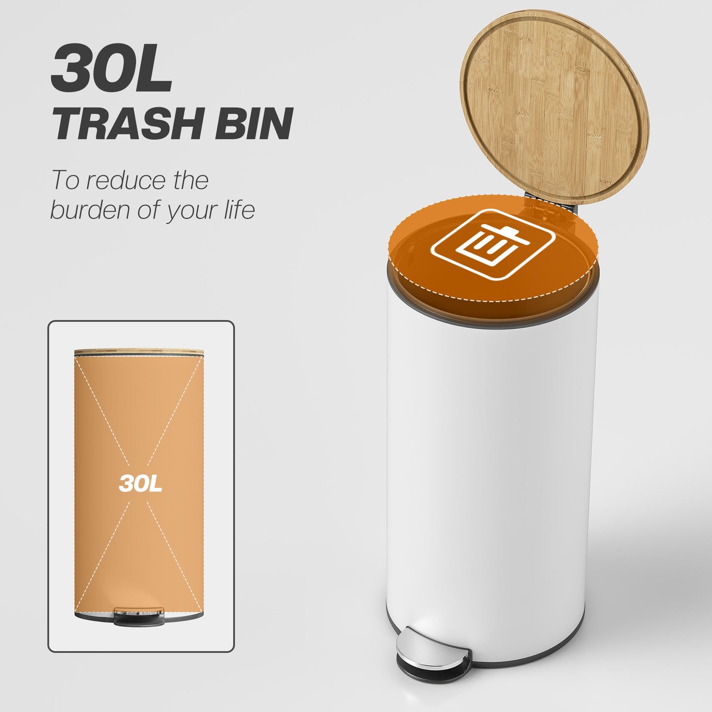 30 Litre Pedal Kitchen Bin with Soft Close and Stay Open Lid, Rubbish Bin with Removable Inner Bucket for Kitchen, Office, Home, White and Natural
