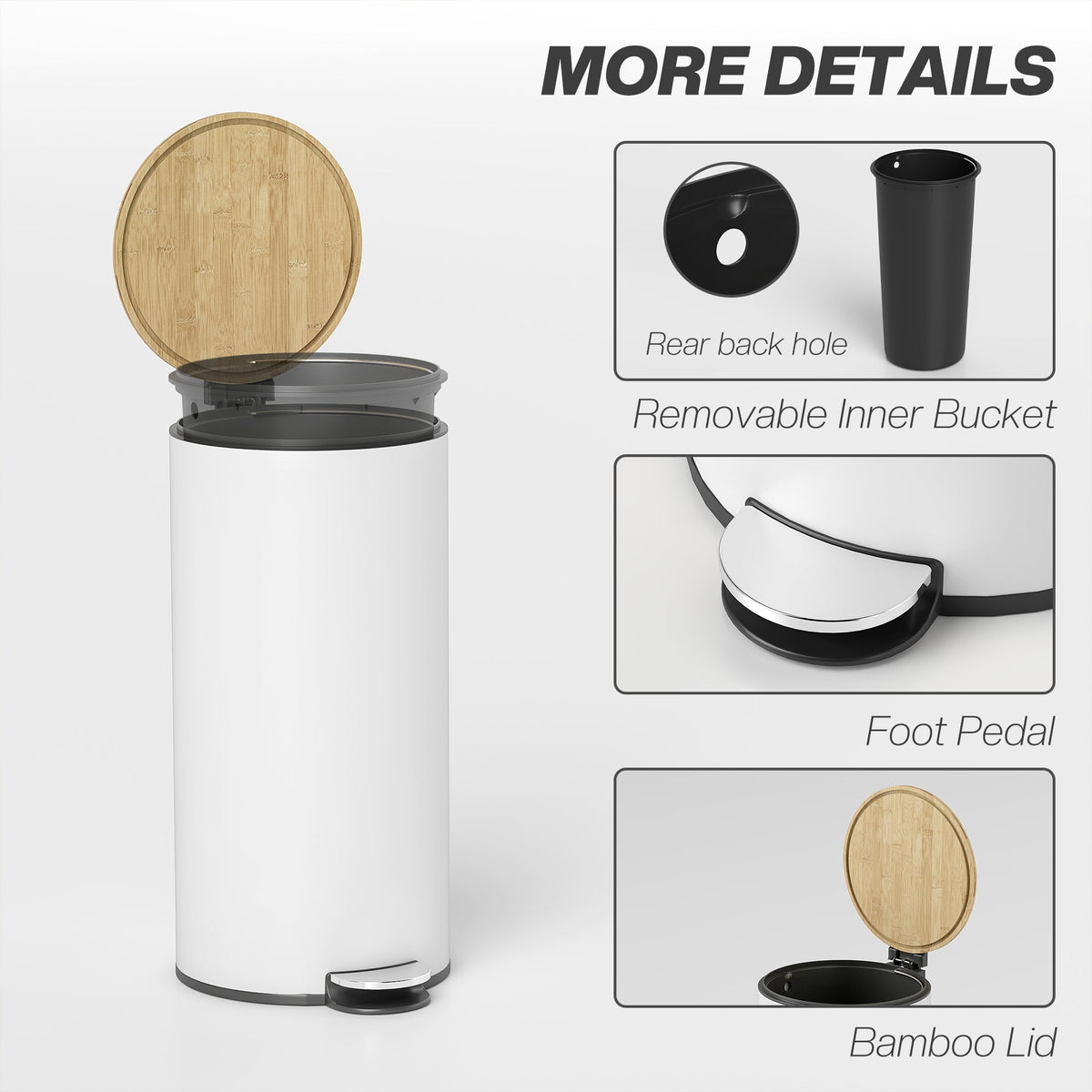 30 Litre Pedal Kitchen Bin with Soft Close and Stay Open Lid, Rubbish Bin with Removable Inner Bucket for Kitchen, Office, Home, White and Natural