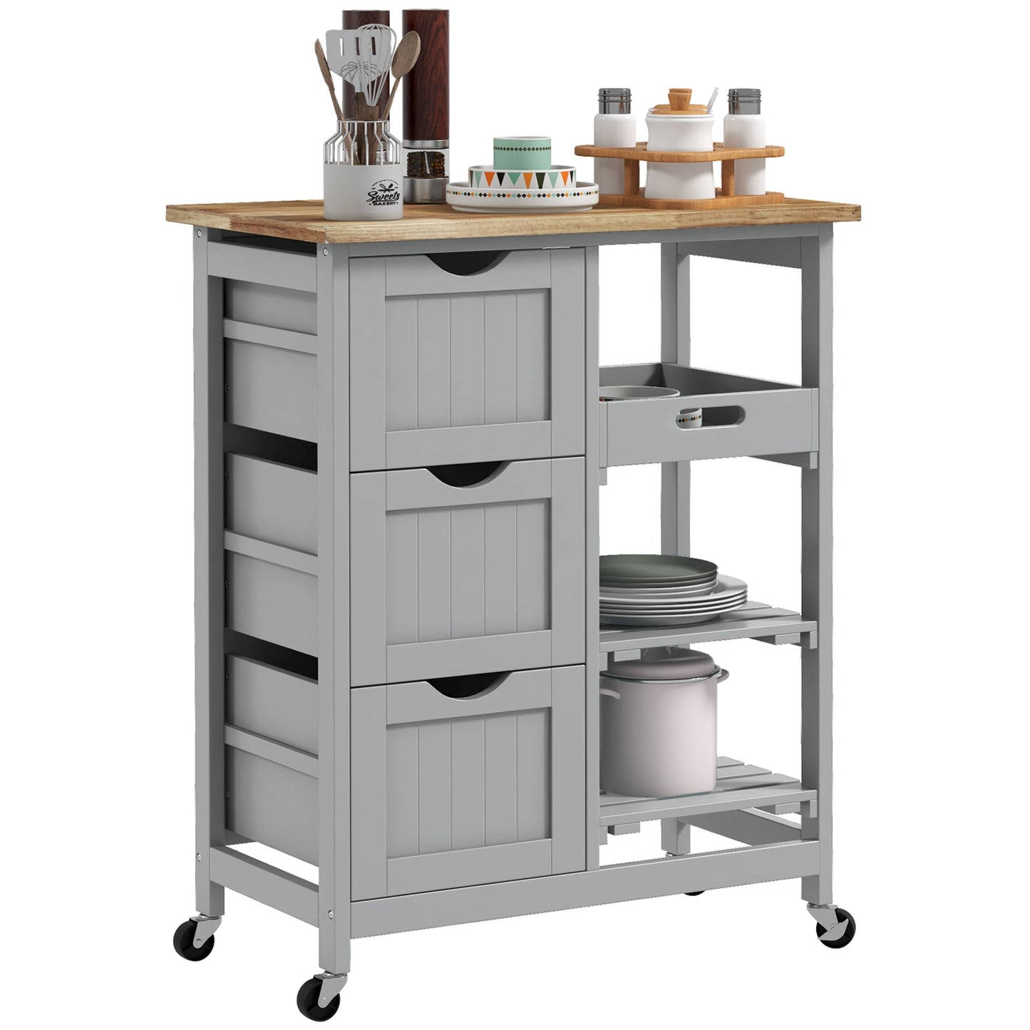 Rolling Kitchen Island Cart, Bar Serving Cart, Compact Trolley on Wheels with Wood Top, Shelves & Drawers for Home Dining Area, Grey