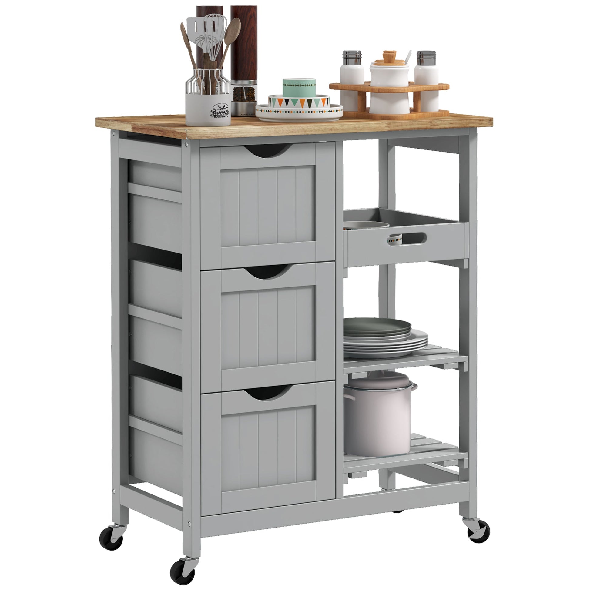 Rolling Kitchen Island Cart, Bar Serving Cart, Compact Trolley on Wheels with Wood Top, Shelves & Drawers for Home Dining Area, Grey