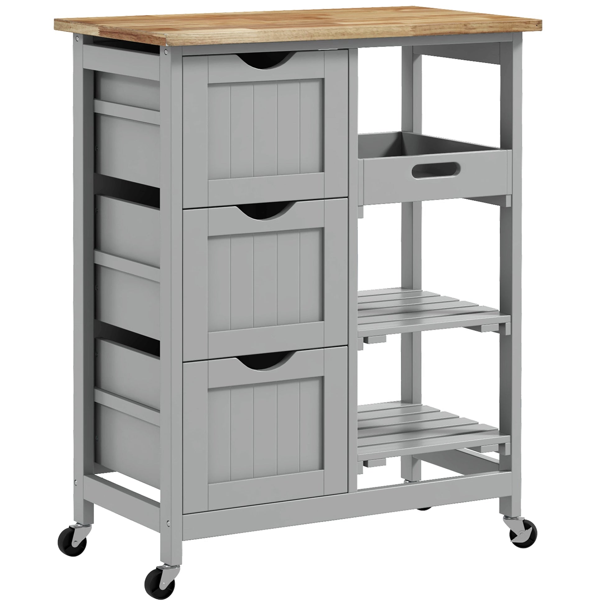 Rolling Kitchen Island Cart, Bar Serving Cart, Compact Trolley on Wheels with Wood Top, Shelves & Drawers for Home Dining Area, Grey