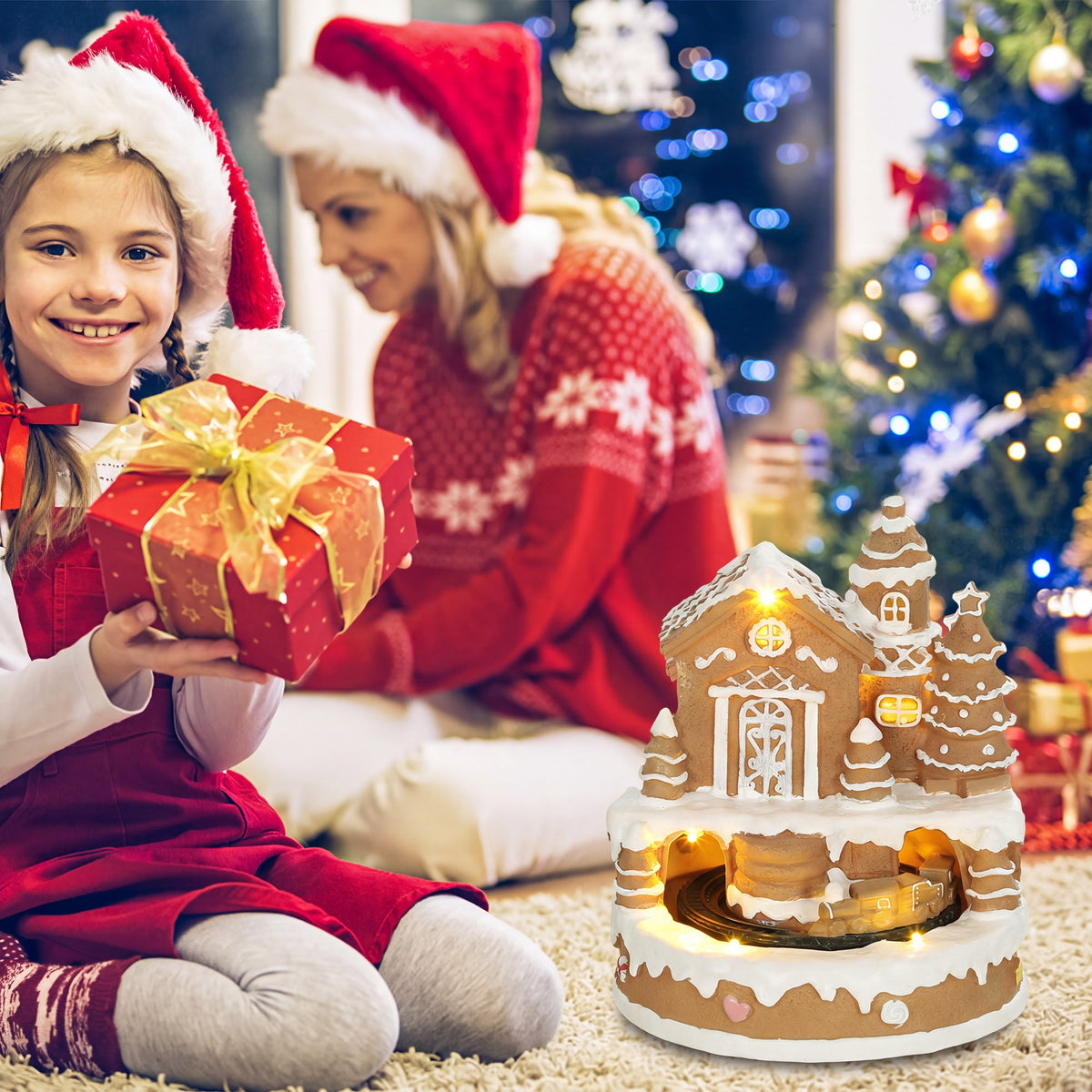 Christmas Gingerbread House, Lighted Musical Snow Village, Tabletop Polyresin Decoration with Rotating Train, 7 Warm White LED Lights, 8 Classic Christmas Tunes, Battery Operated