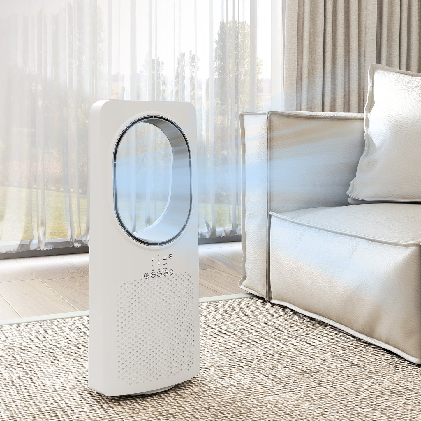 Bladeless Tower Fan for Bedroom, 36dB Standing Cooling Fan with 45° Oscillating, 3 Speeds, 3 Modes, 15H Timer, Touch Panel and Remote Control, White