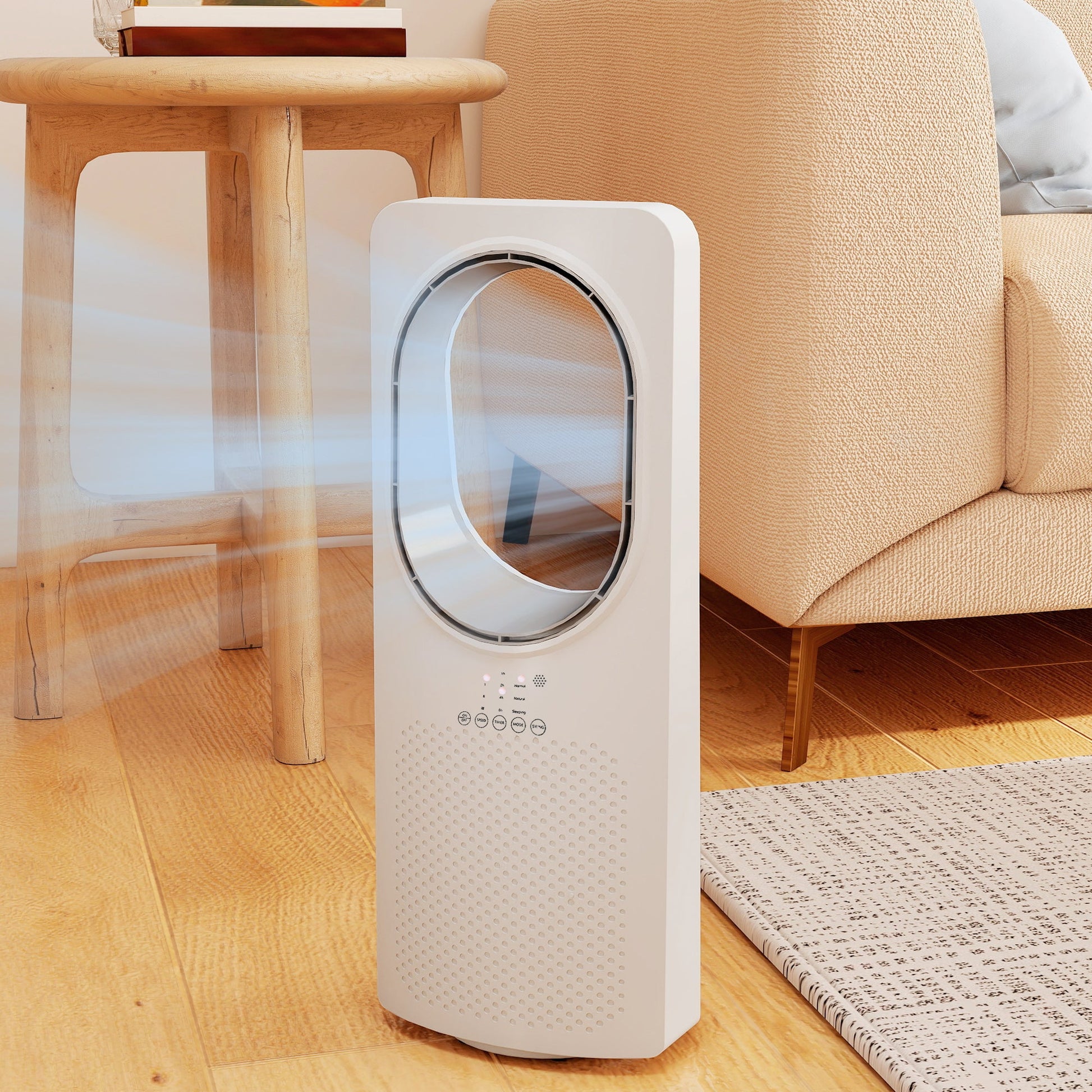 Bladeless Tower Fan for Bedroom, 36dB Standing Cooling Fan with 45° Oscillating, 3 Speeds, 3 Modes, 15H Timer, Touch Panel and Remote Control, White