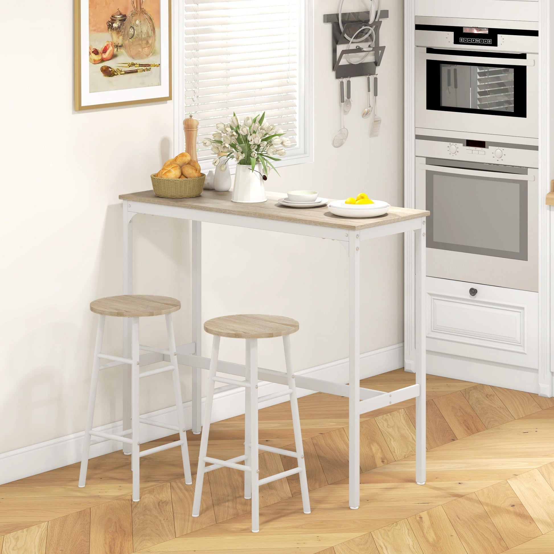 3 Piece Bar Table Set with 2 Stools, Industrial Bar Table and Stool Set, Dining Table and Chair Set for Small Space, Oak