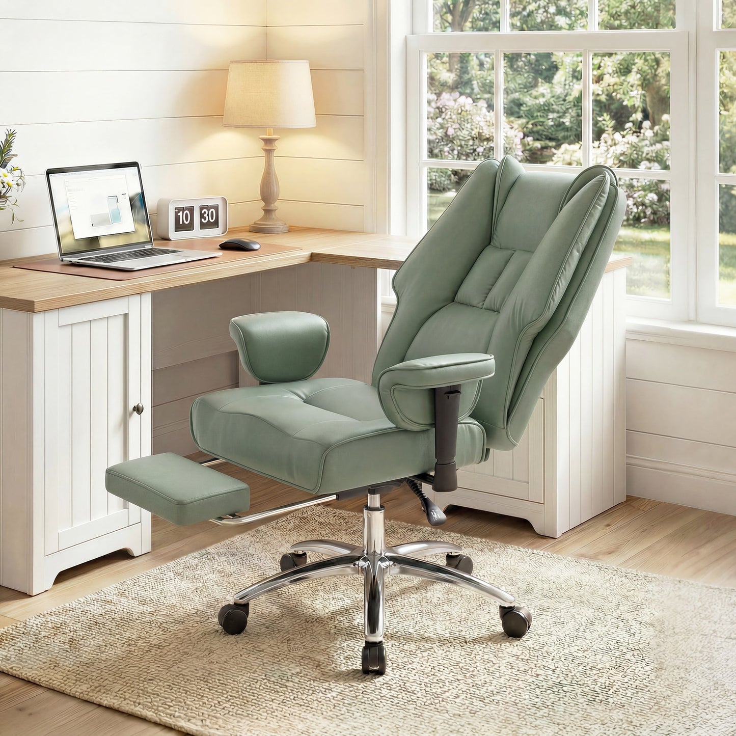 Executive Office Chair, Ergonomic Reclining Computer Desk Chair with Footrest, Adjustable Armrests, Spring Seat, High Back, Thick Cushion, Pet Friendly Faux Leather, Swivel, Green