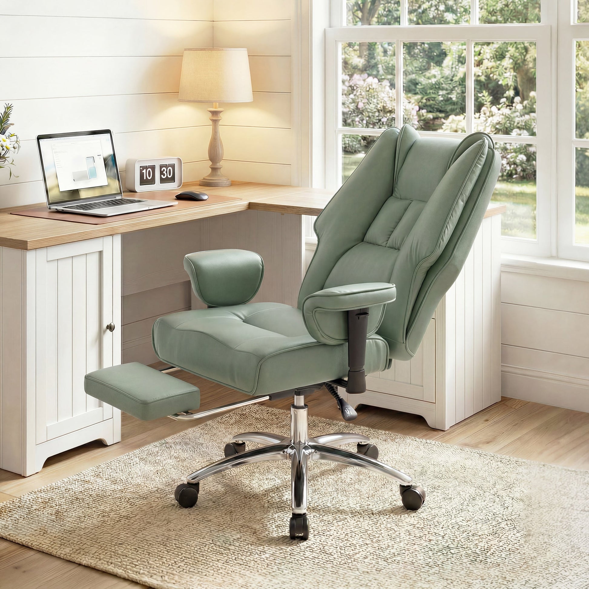 Executive Office Chair, Ergonomic Reclining Computer Desk Chair with Footrest, Adjustable Armrests, Spring Seat, High Back, Thick Cushion, Pet Friendly Faux Leather, Swivel, Green