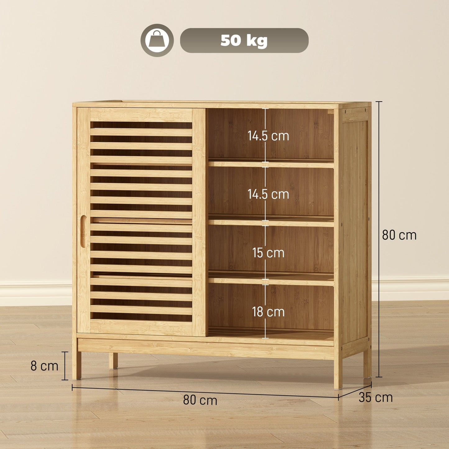 Bamboo Shoe Cabinet with 2 Sliding Slat Doors, 16Pairs Hallway Shoe Cupboard with Adjustable Shelves, Entryway Storage Unit, Natural