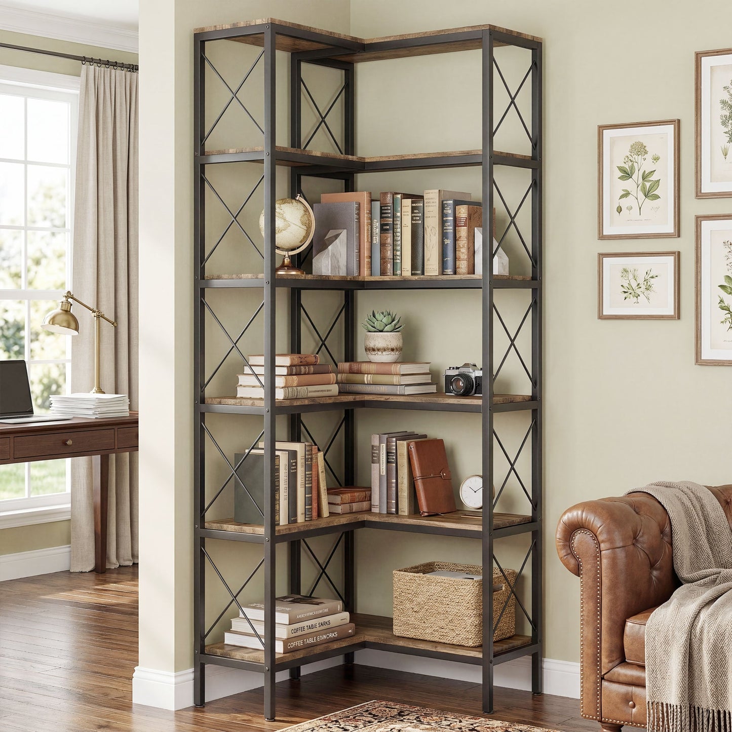 5-Tier Corner Bookshelf, L-Shaped Bookcase, Freestanding Display Shelf with Metal Frame for Living Room, Home Office, Bedroom, 60 x 60 x 167 cm, Rustic Brown