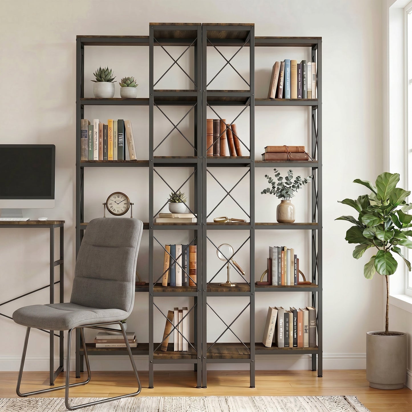 5-Tier Corner Bookshelf, L-Shaped Bookcase, Freestanding Display Shelf with Metal Frame for Living Room, Home Office, Bedroom, 60 x 60 x 167 cm, Rustic Brown
