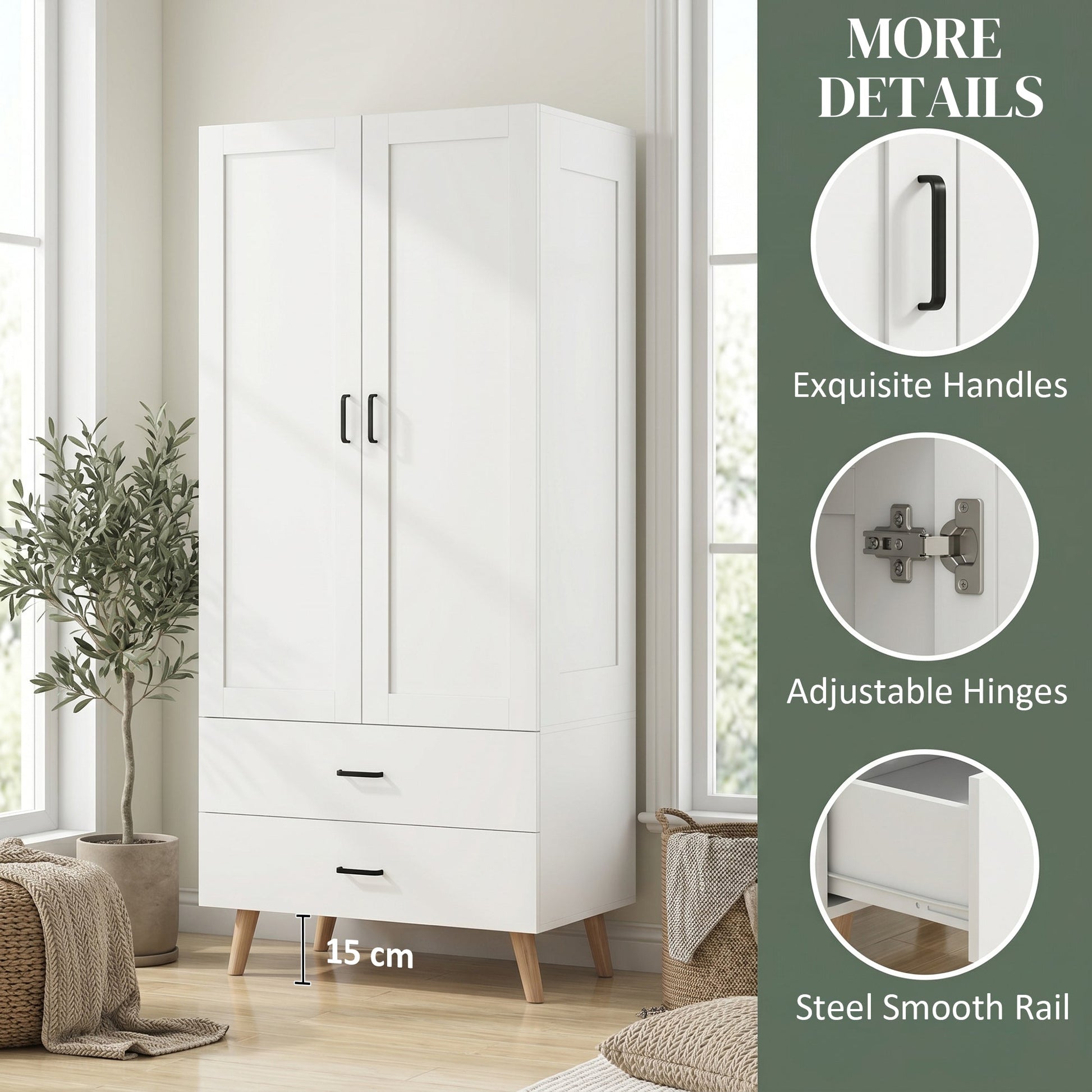 2-Door Wardrobe, Modern Deep Wardrobe with 2 Drawers and Hanging Rail for Bedroom, Flats, 80 x 54 x 180 cm, White