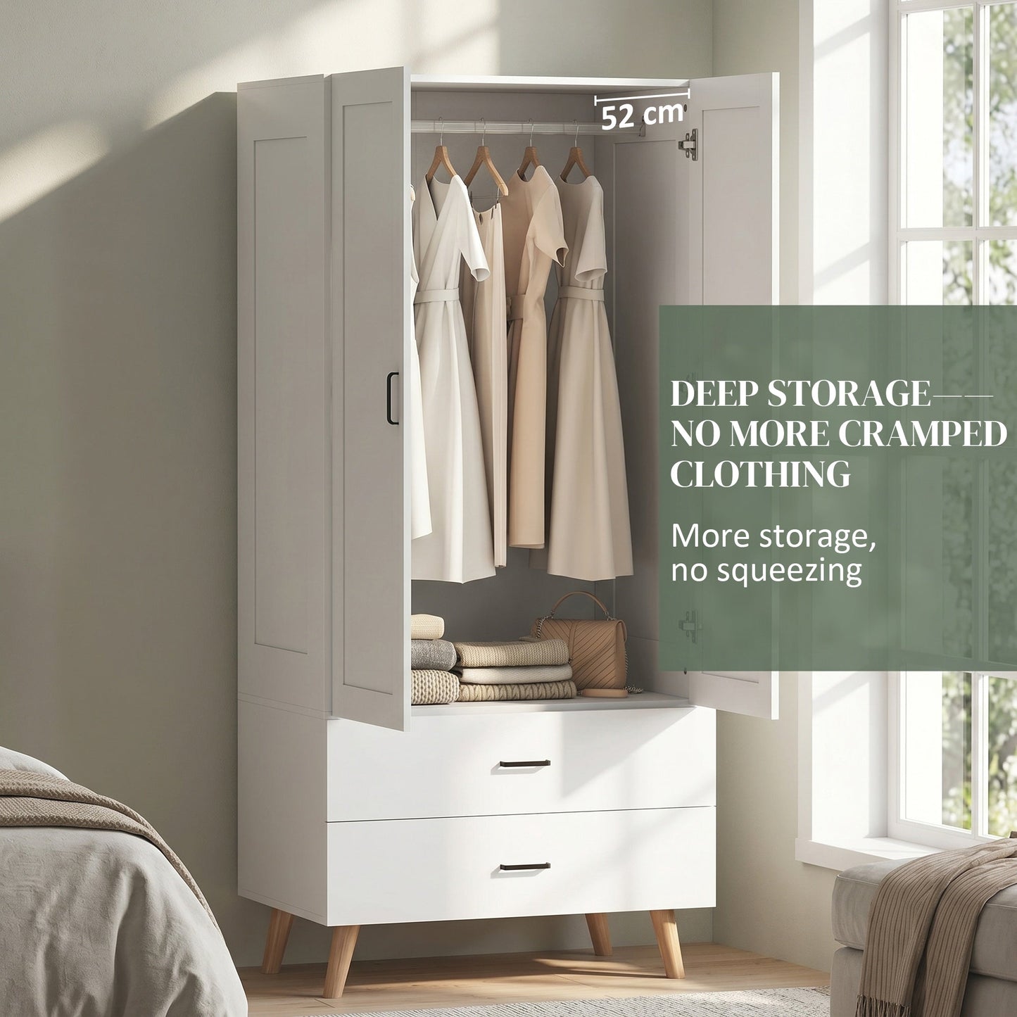 2-Door Wardrobe, Modern Deep Wardrobe with 2 Drawers and Hanging Rail for Bedroom, Flats, 80 x 54 x 180 cm, White