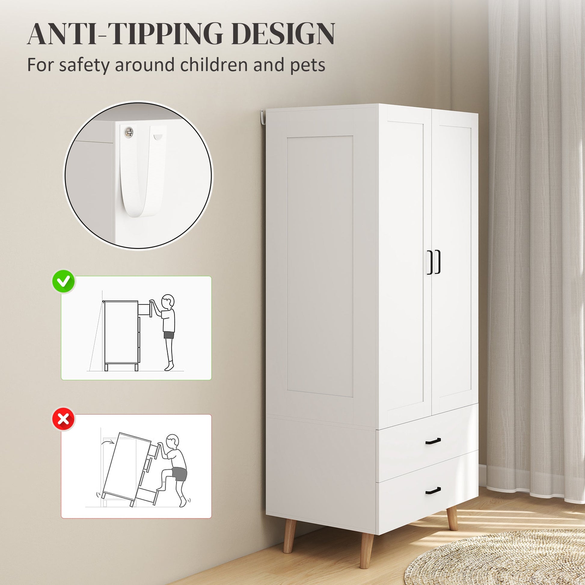 2-Door Wardrobe, Modern Deep Wardrobe with 2 Drawers and Hanging Rail for Bedroom, Flats, 80 x 54 x 180 cm, White