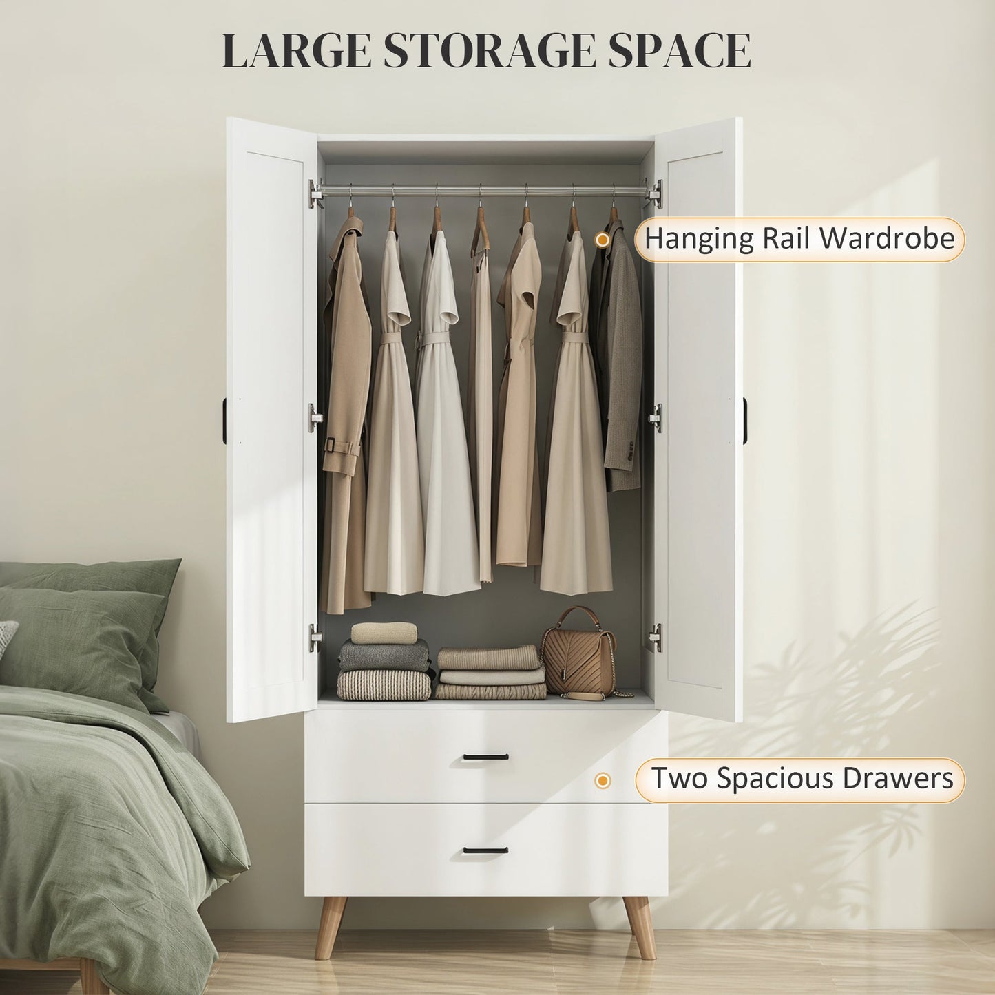 2-Door Wardrobe, Modern Deep Wardrobe with 2 Drawers and Hanging Rail for Bedroom, Flats, 80 x 54 x 180 cm, White