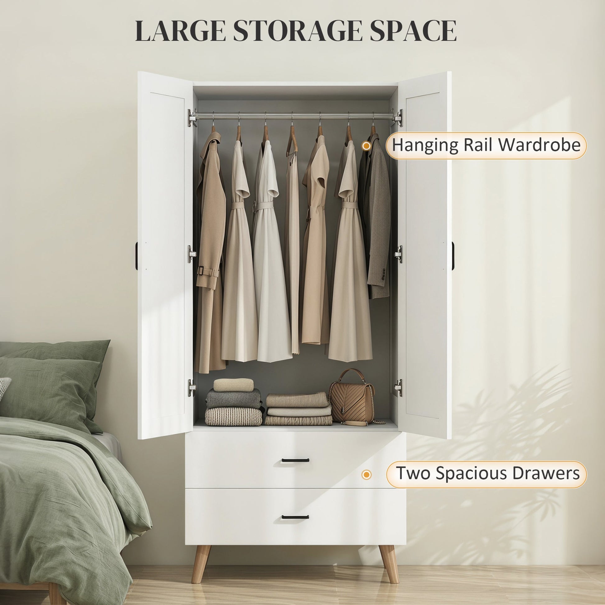 2-Door Wardrobe, Modern Deep Wardrobe with 2 Drawers and Hanging Rail for Bedroom, Flats, 80 x 54 x 180 cm, White
