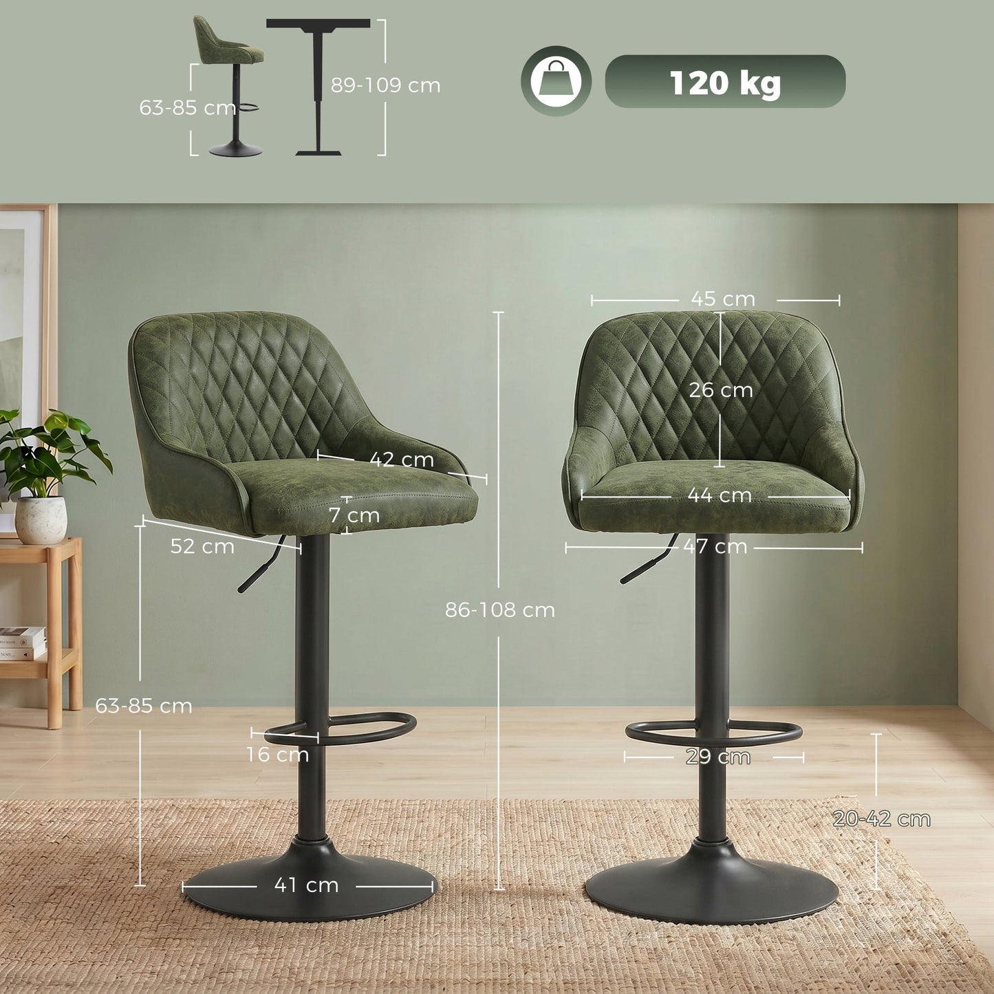 Breakfast Bar Stools Set of 2 with Wide Padded Seat, PU Leather Adjustable Swivel Bar Chairs, Modern Barstools with Footrest for Kitchen Island Counter, Home Bar, Dark Green