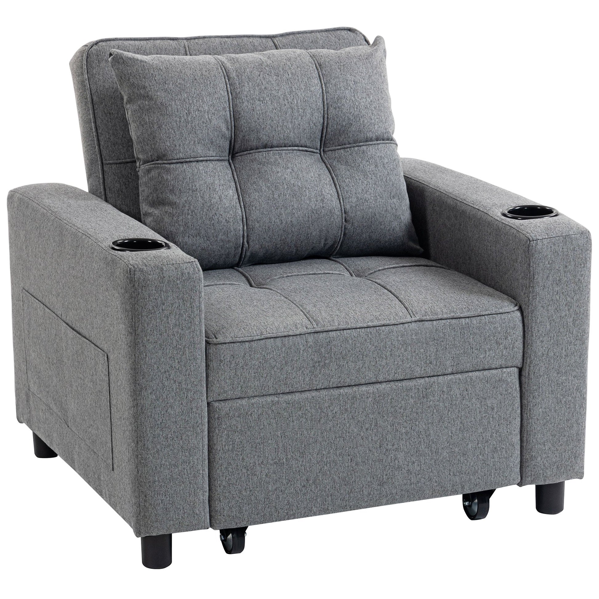 3-in-1 Single Sofa Bed, Convertible Sleeper Chair Bed with Adjustable Backrest, Fabric Pull Out Chair with Pillow, Side Pockets and Cup Holders for Living Room, Bedroom, Small Space, Dark Grey