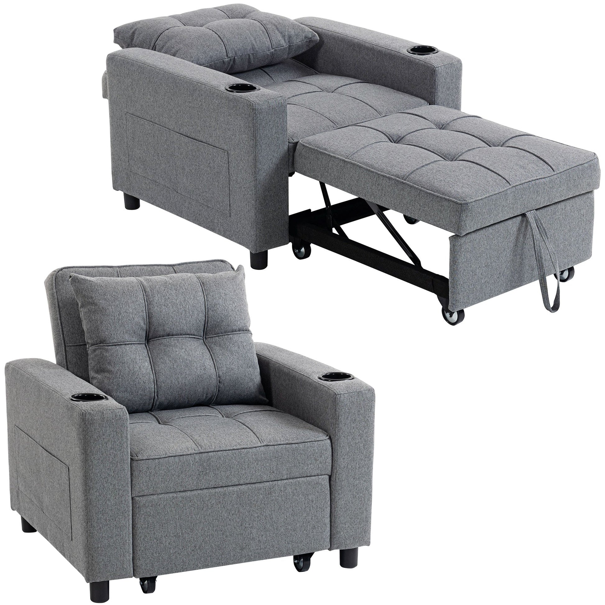 3-in-1 Single Sofa Bed, Convertible Sleeper Chair Bed with Adjustable Backrest, Fabric Pull Out Chair with Pillow, Side Pockets and Cup Holders for Living Room, Bedroom, Small Space, Dark Grey