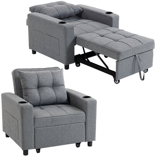3-in-1 Single Sofa Bed, Convertible Sleeper Chair Bed with Adjustable Backrest, Fabric Pull Out Chair with Pillow, Side Pockets and Cup Holders for Living Room, Bedroom, Small Space, Dark Grey