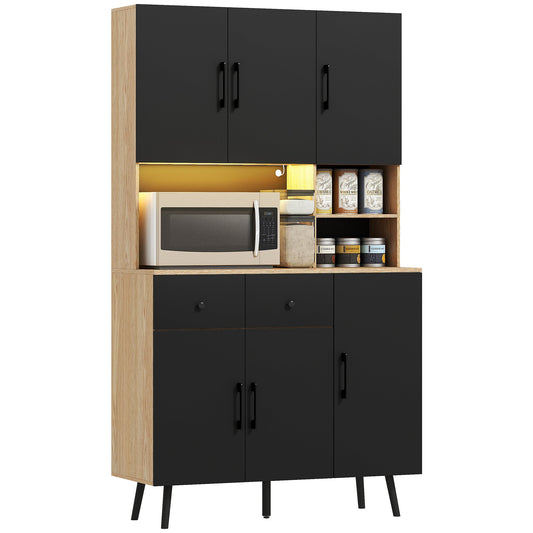176 cm Tall Kitchen Cupboard with RGB LED Lights, Freestanding 6-Door Kitchen Storage Cabinet with 2 Drawers, Adjustable Shelves, Open Countertop and Cable Hole, Oak and Black