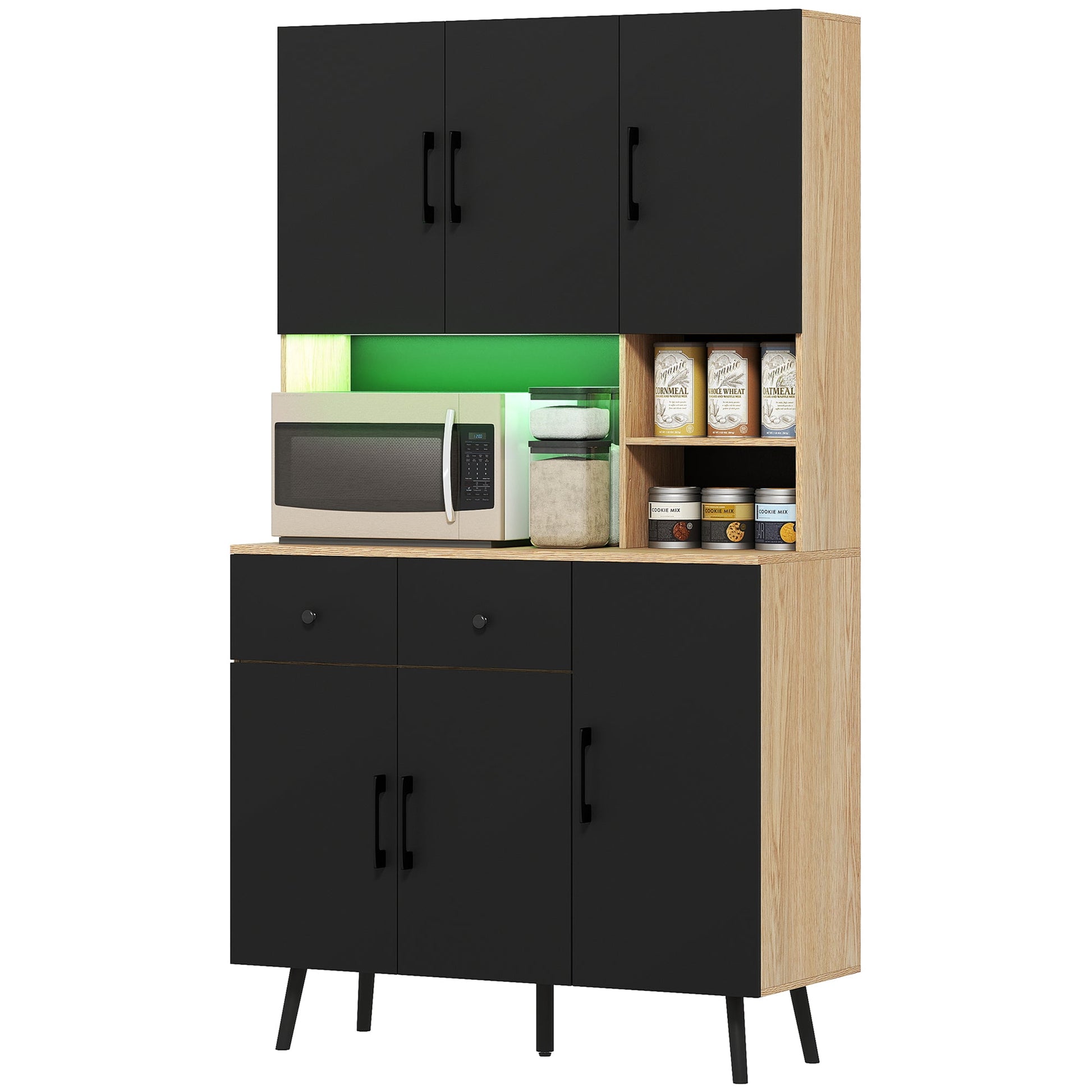 176 cm Tall Kitchen Cupboard with RGB LED Lights, Freestanding 6-Door Kitchen Storage Cabinet with 2 Drawers, Adjustable Shelves, Open Countertop and Cable Hole, Oak and Black