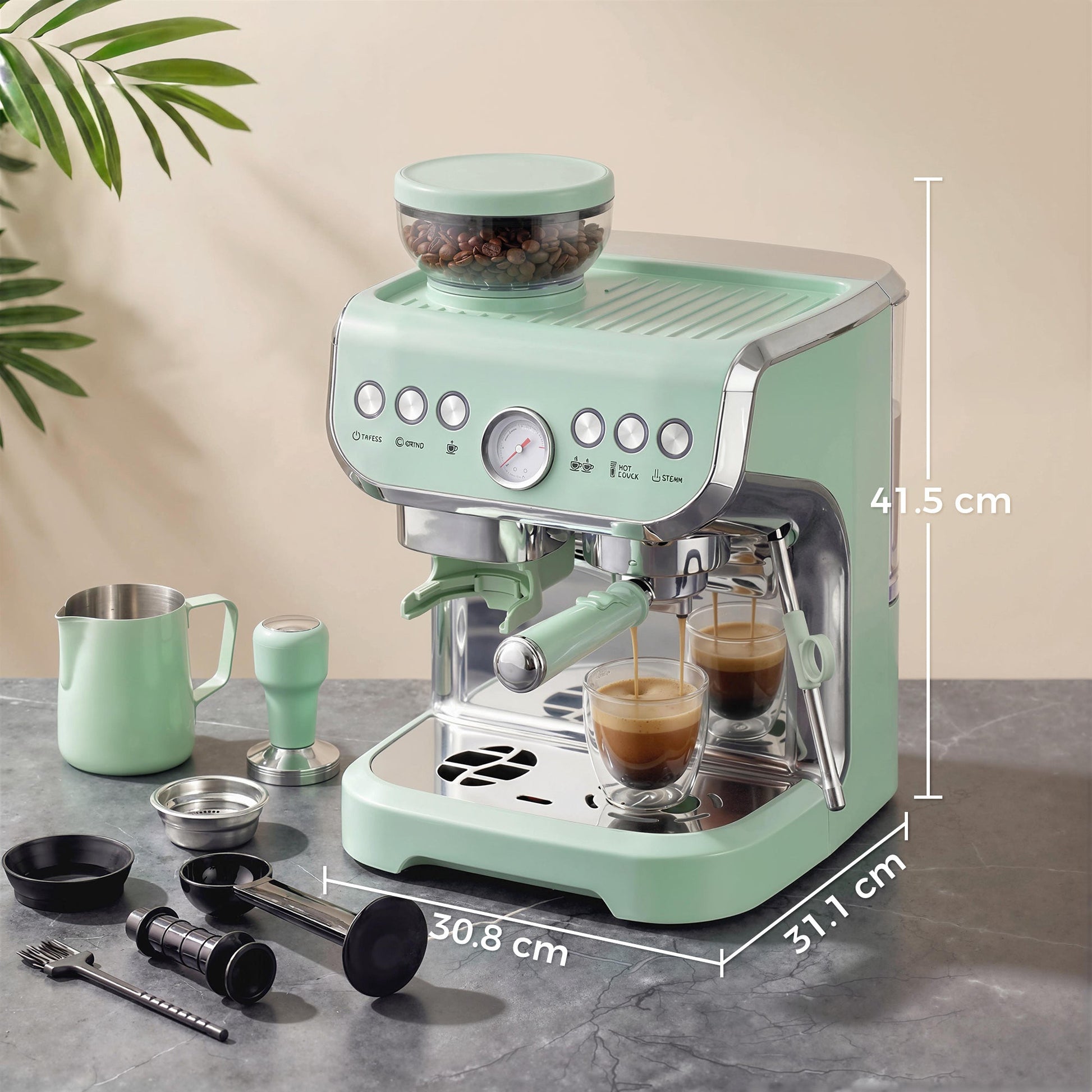 Espresso Machine with Integrated Bean Grinder & Steam Wand, Bean to Cup Coffee Machine with 15 Bar Italian Pump, 2L Water Tank, Cappuccino Maker, Stainless Steel, Light Green