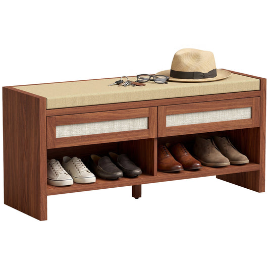 Shoe Bench with 2 Rattan Drawers, Boho Shoe Storage Bench with Linen-Look Cushioned Seat and Open Shelf, for Entryway, Living Room, Bedroom, 108 x 35 x 50 cm, Brown