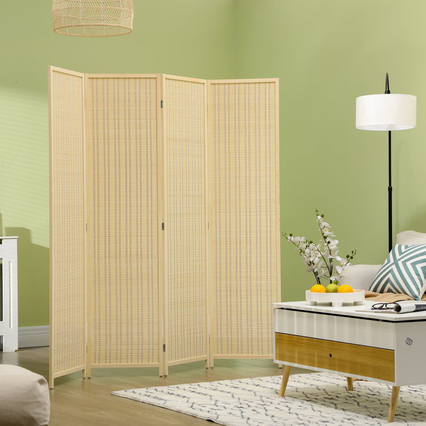 HOMCOM 4 Panel Folding Room Divider Screen, Wall Panel Privacy Furniture, Freestanding Paravent Partition Separator for Living Room, Bedroom and Office, 180 x 180cm, Natural